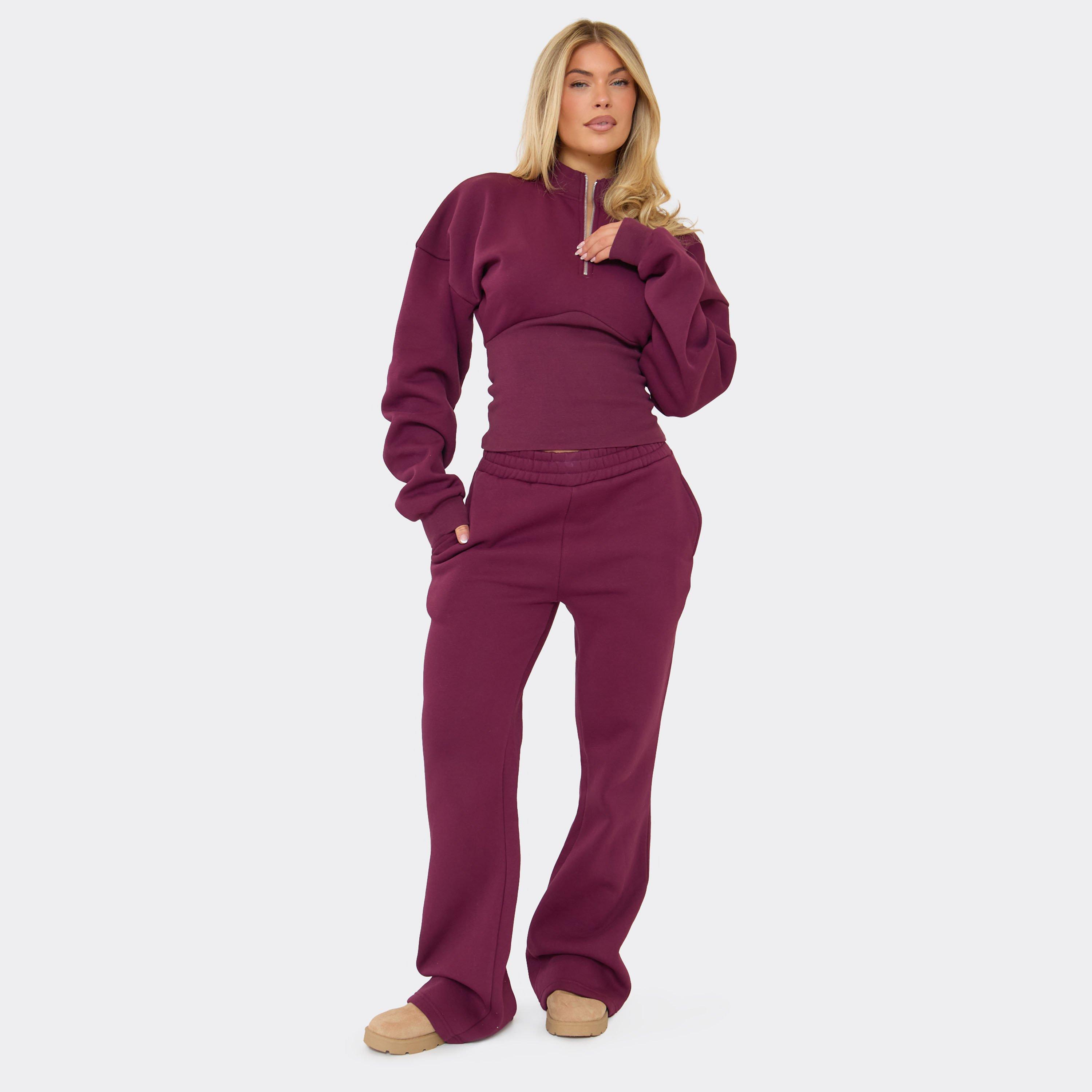 Low Rise Elastic Waistband Straight Leg Joggers In Plum, Women's Size UK 14