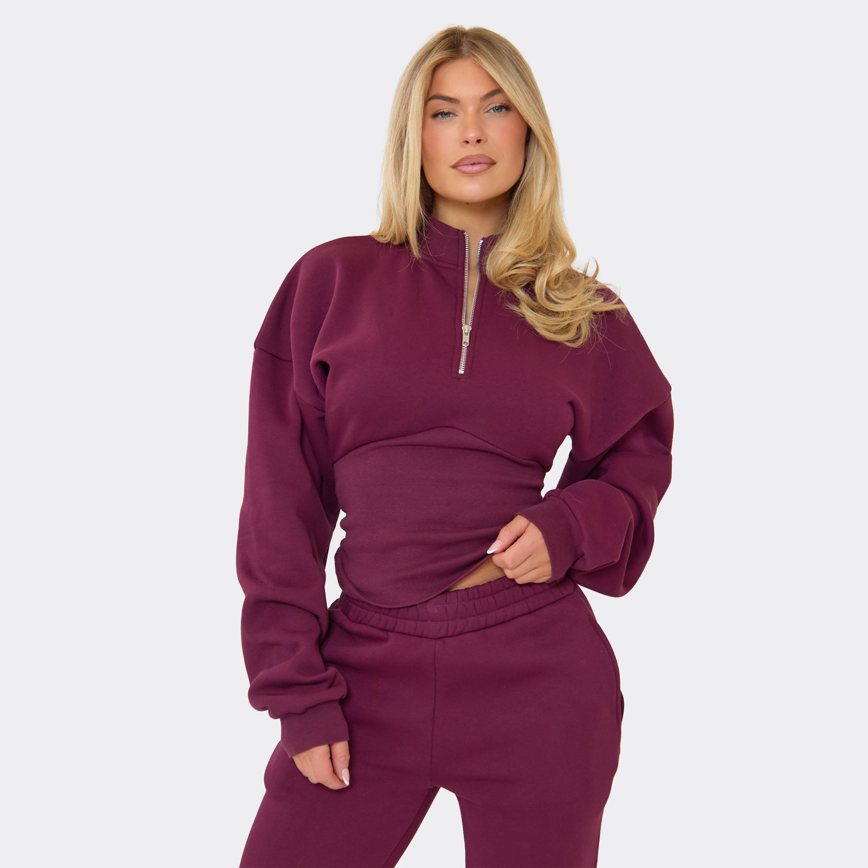 Image of High Neck Quarter Zip Cinched Waist Detail Sweatshirt In Plum, Women's