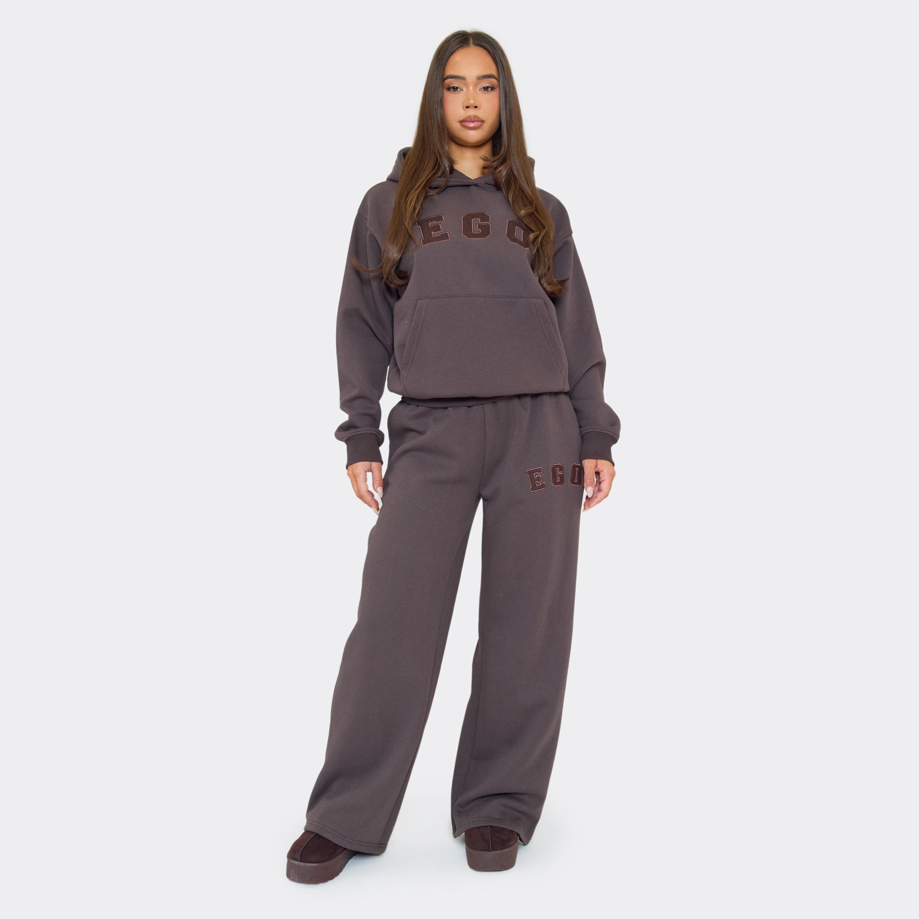 Mid Rise Ego Graphic Wide Leg Joggers In Chocolate Brown, Women's Size UK 10