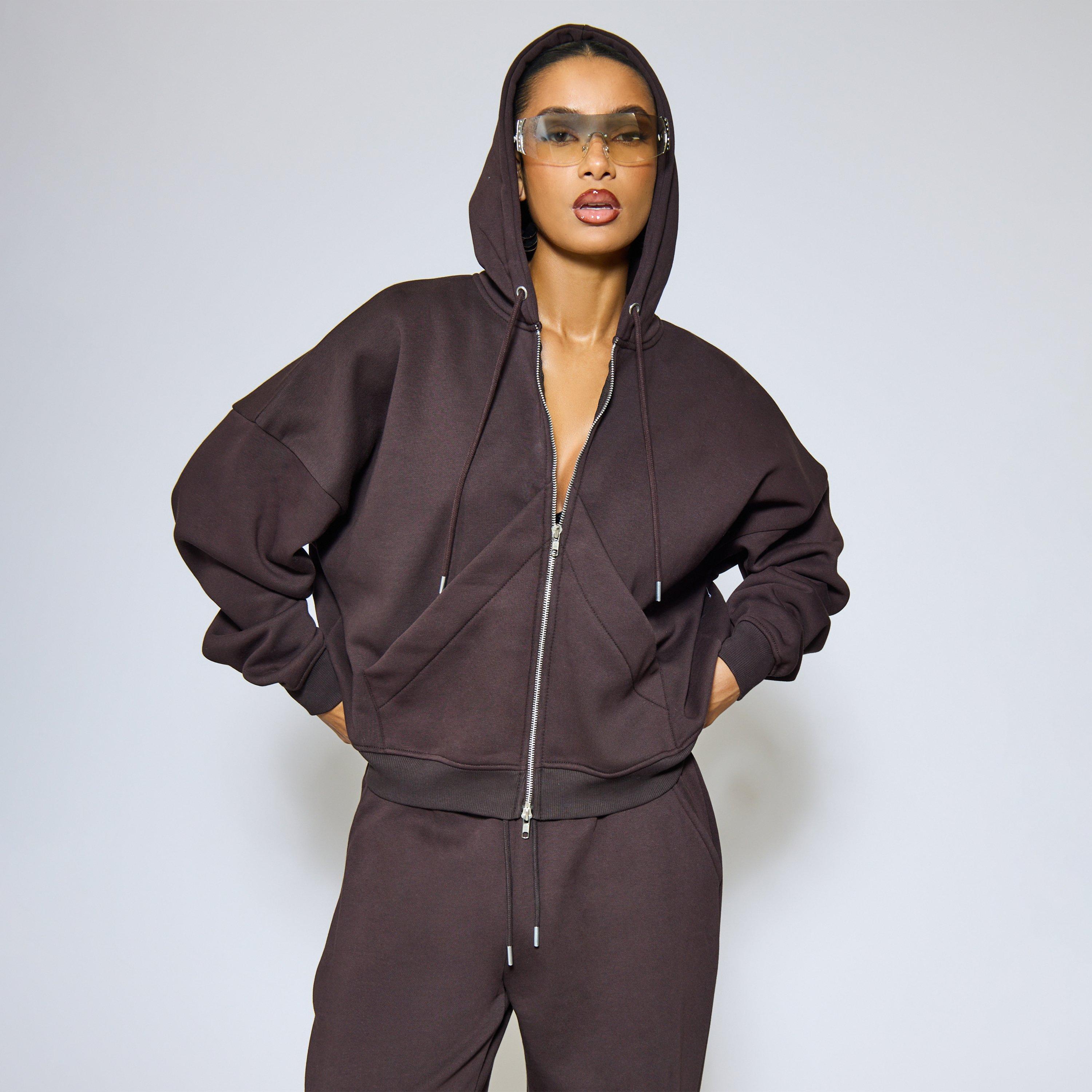 Oversized Double Zip Up Jacket In Chocolate Brown, Women's Size UK 10