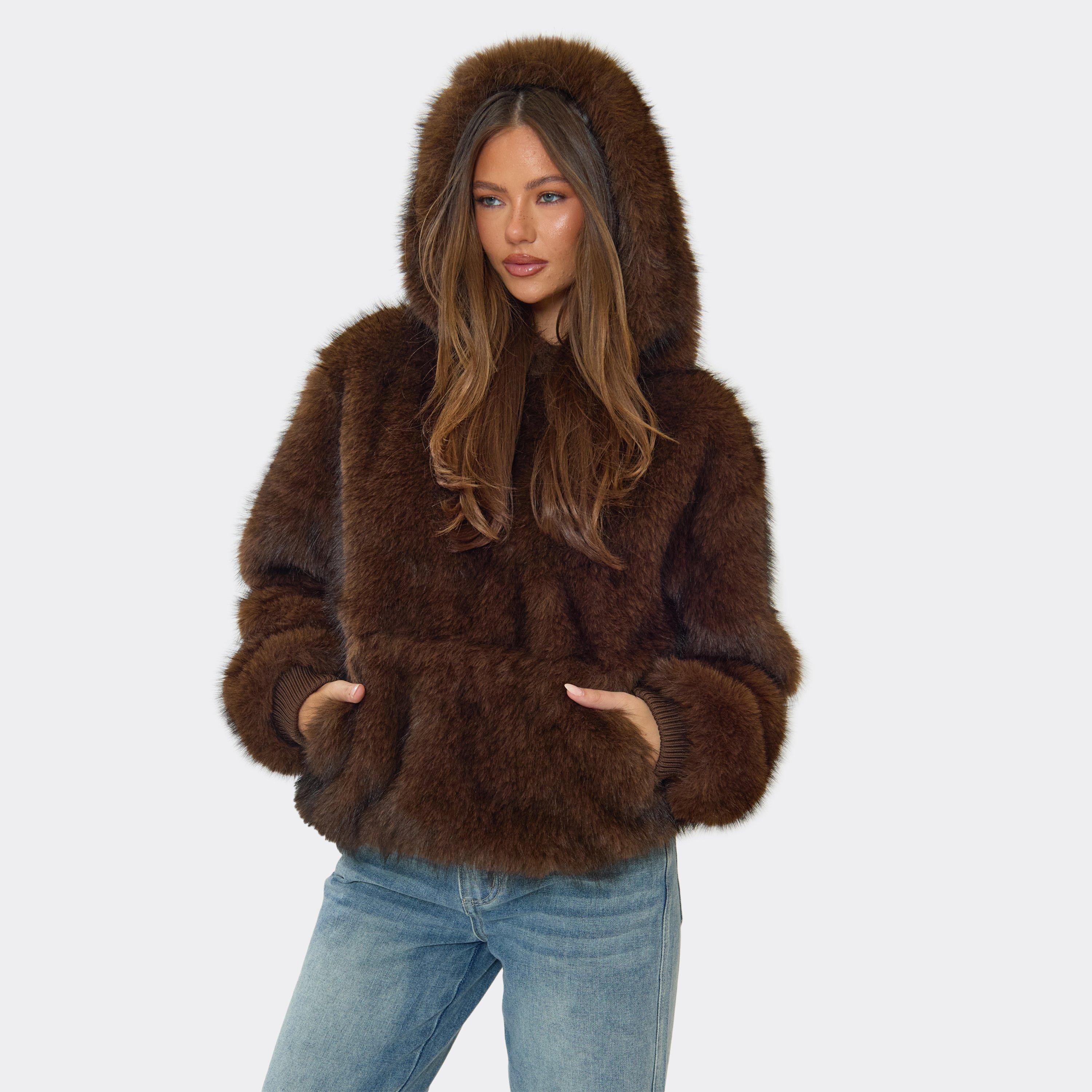 Long Sleeve Pocket Front Hoodie In Chocolate Brown Faux Fur, Women's Size UK 6