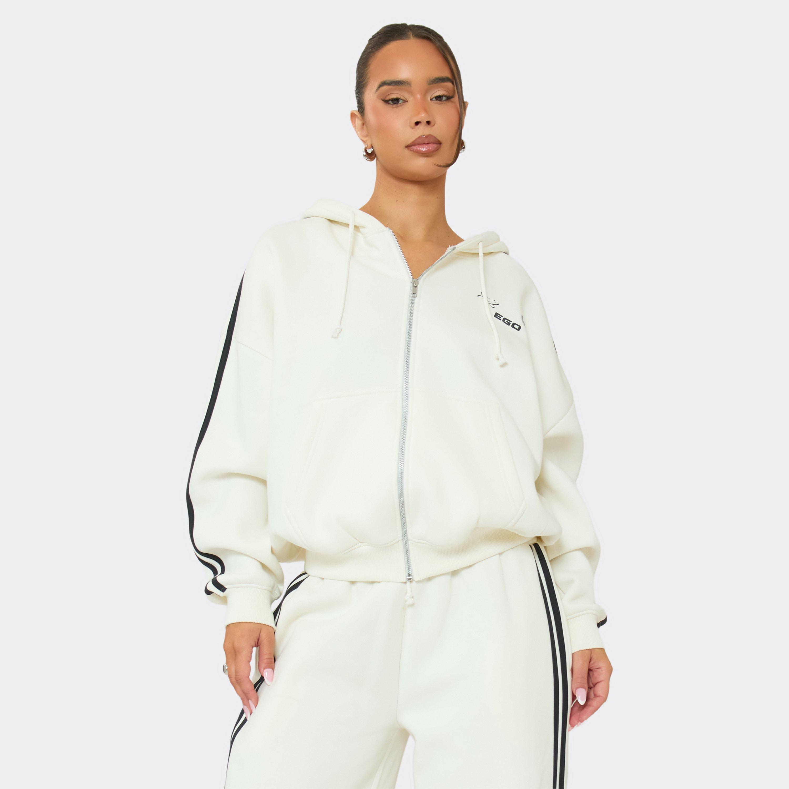 Oversized Striped Graphic Detail Zip Up Hoodie In Cream, Women's Size UK 12