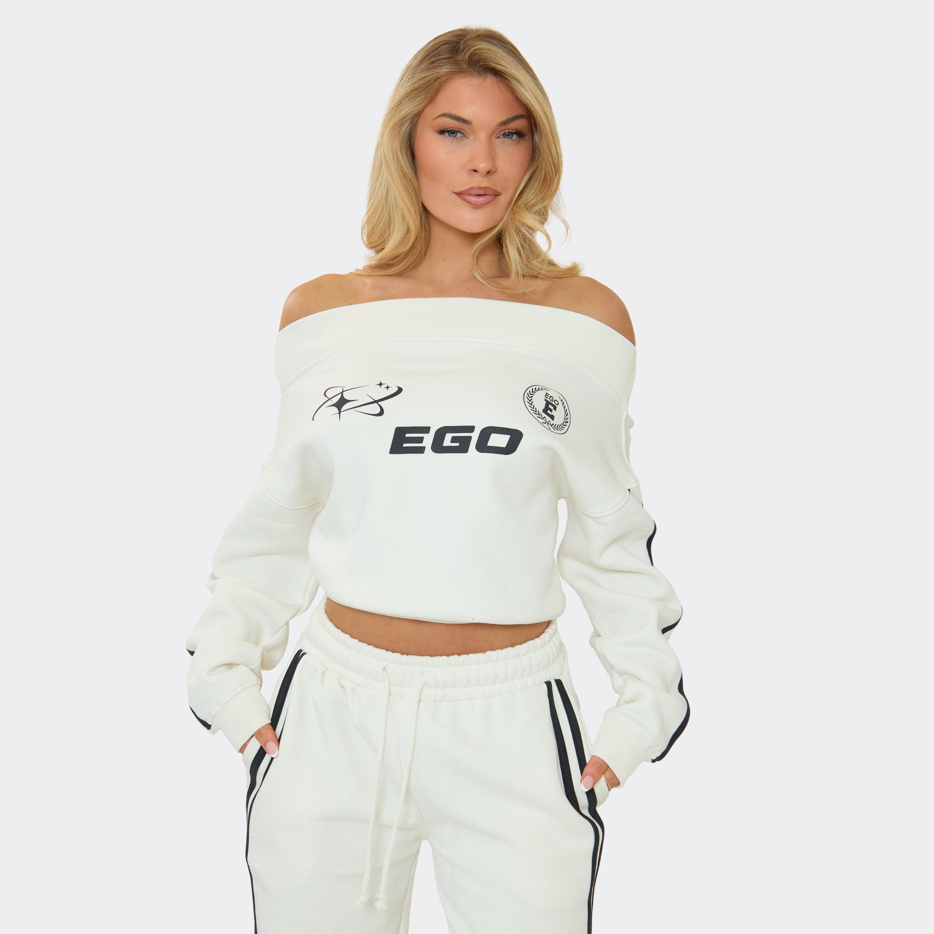 Image of Off The Shoulder Ego Graphic Detail Sweatshirt In Cream, Women's