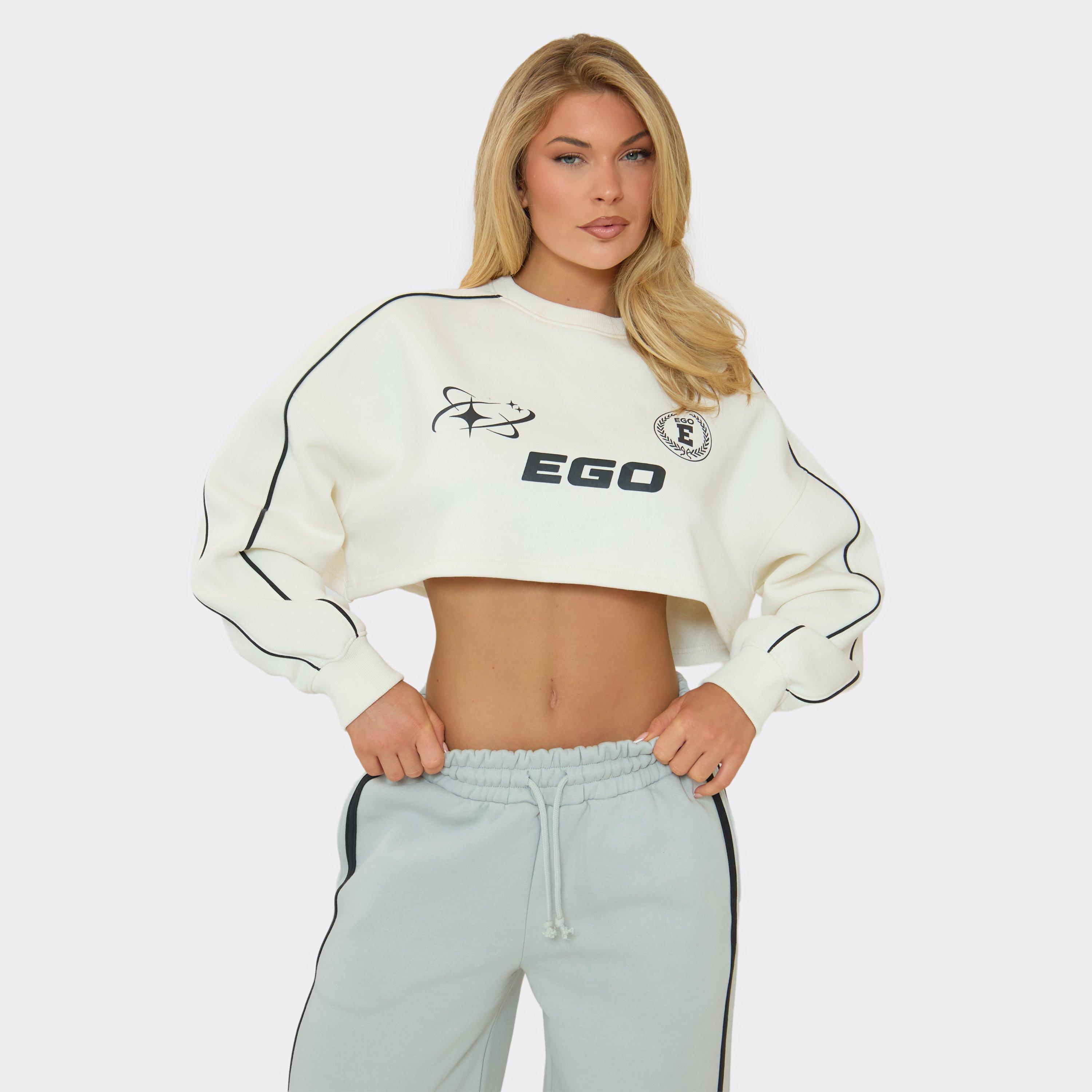 Striped Graphic Detail Cropped Sweatshirt In Cream, Women's Size UK 6