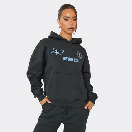 Oversized Graphic Detail Hoodie In Charcoal Grey, Women's Size US