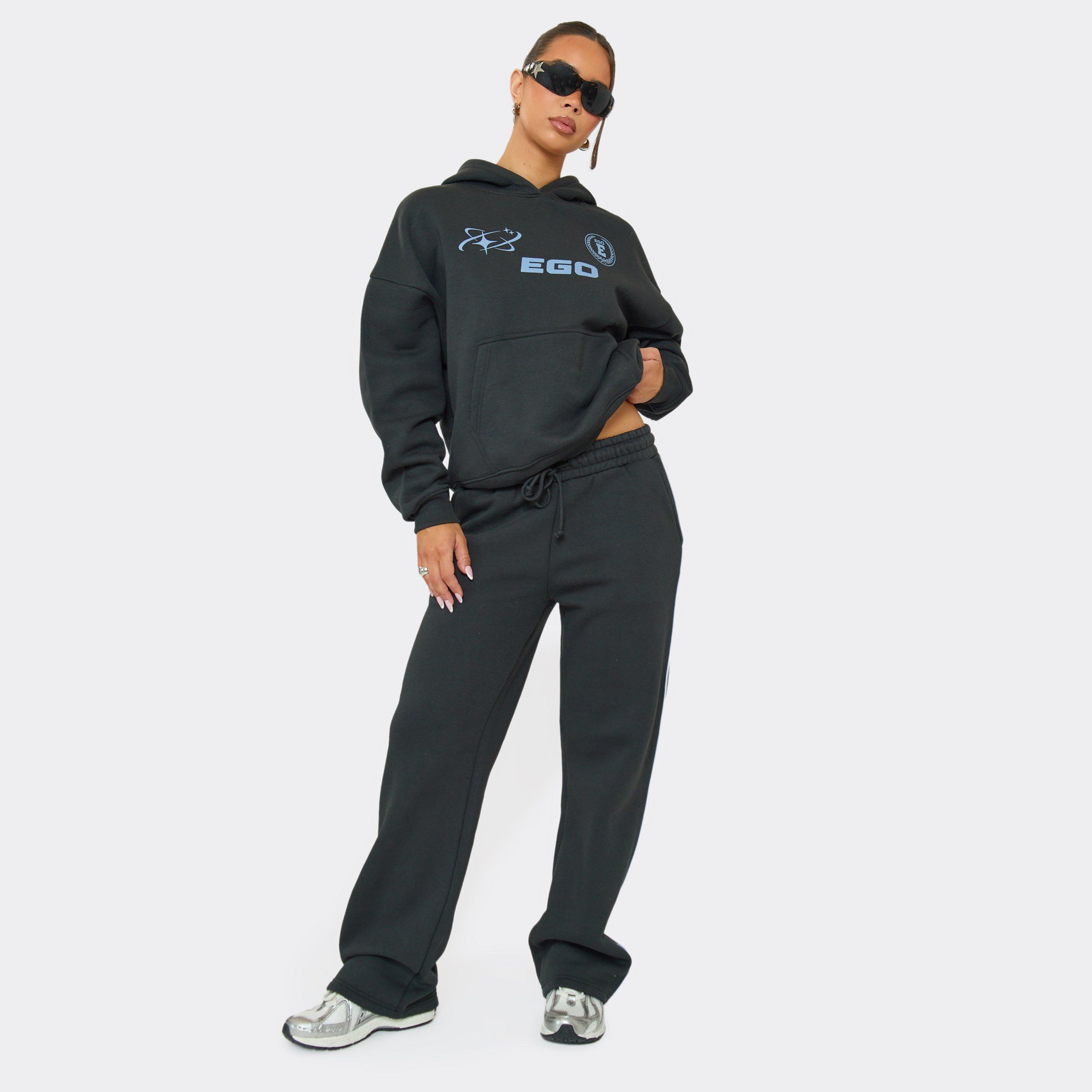 Mid Rise Striped Detail Wide Leg Joggers In Charcoal Grey, Women's Size UK 6