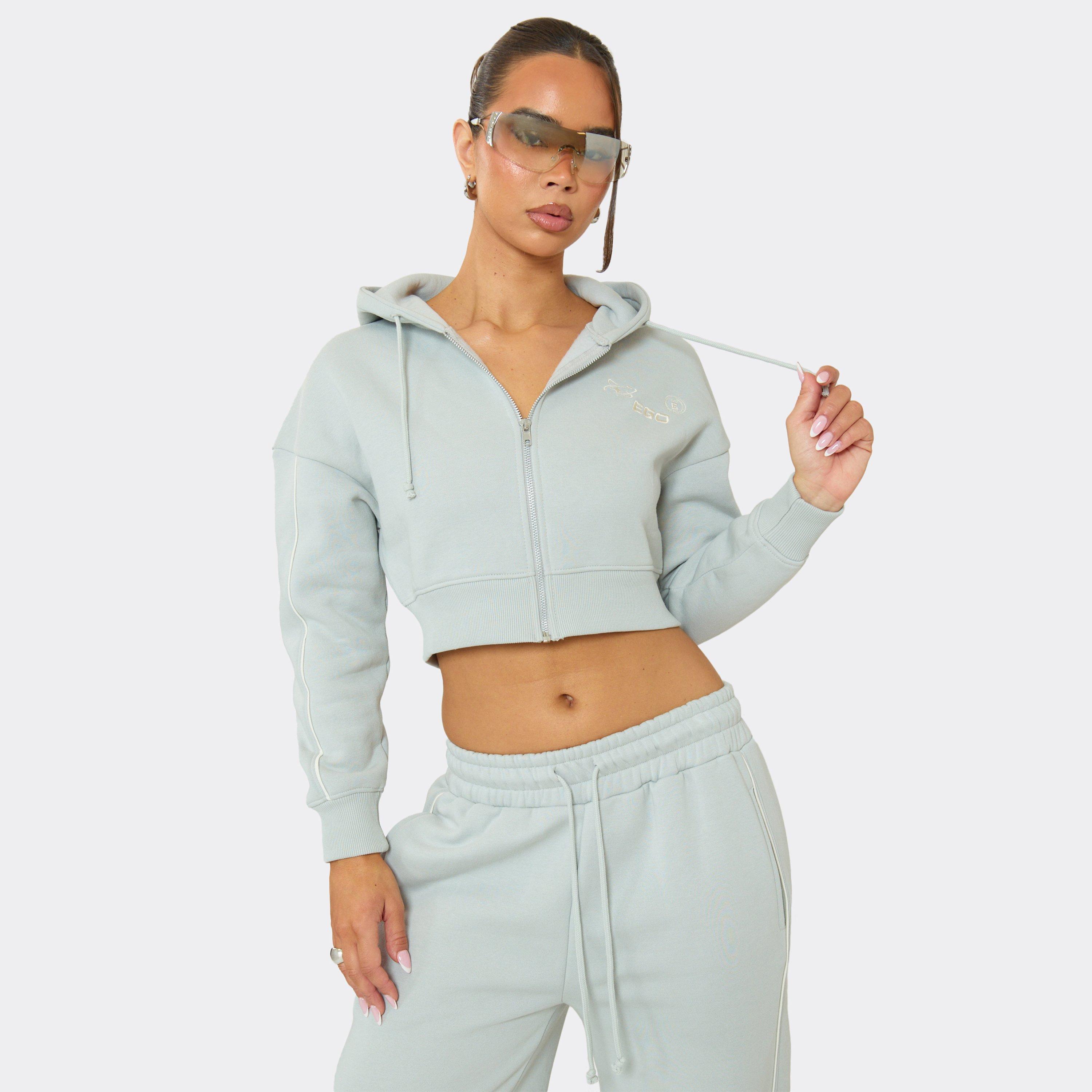 Graphic Detail Cropped Zip Up Jacket In Light Grey, Women’s