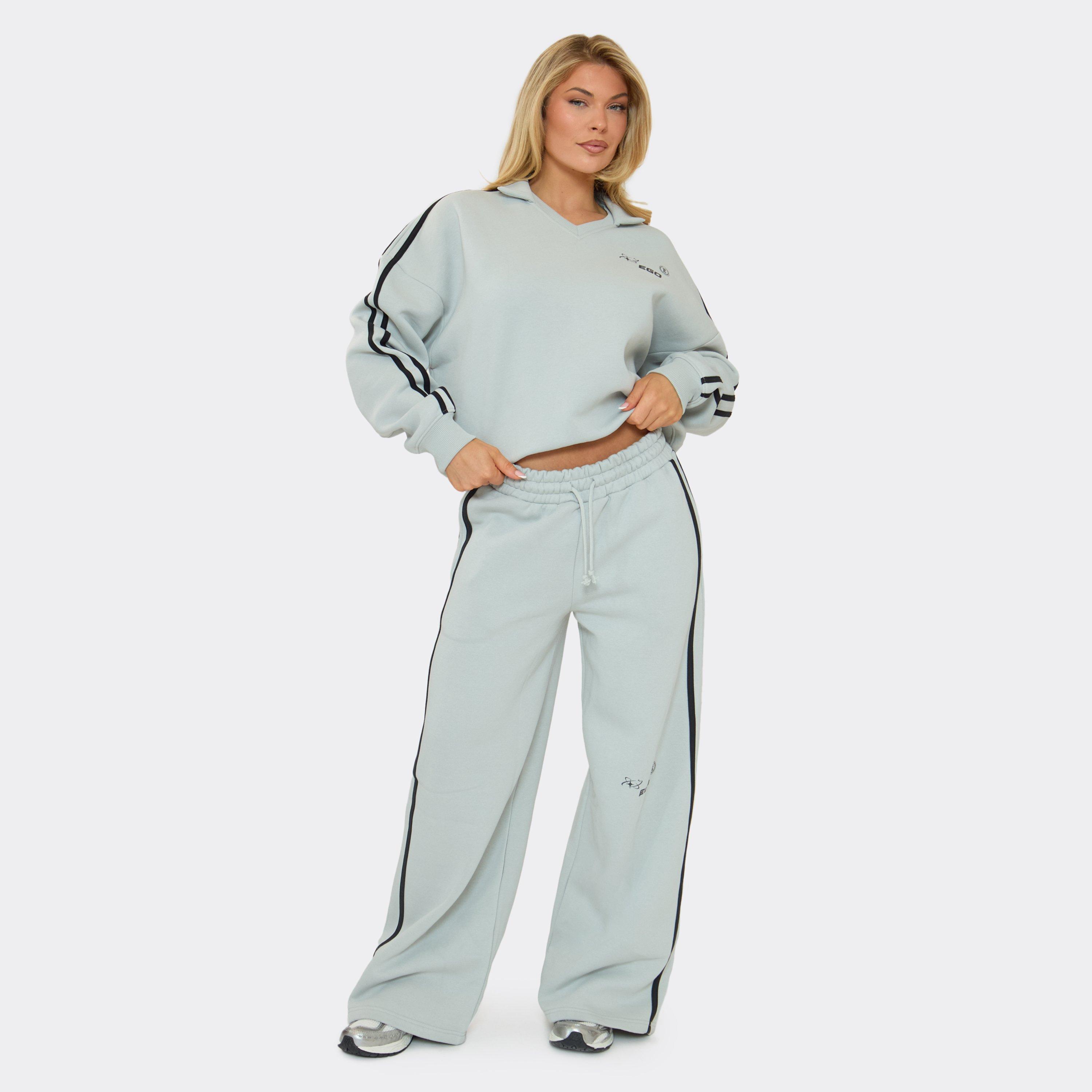 Mid Rise Ego Graphic Striped Detail Wide Leg Joggers In Light Grey, Women’s