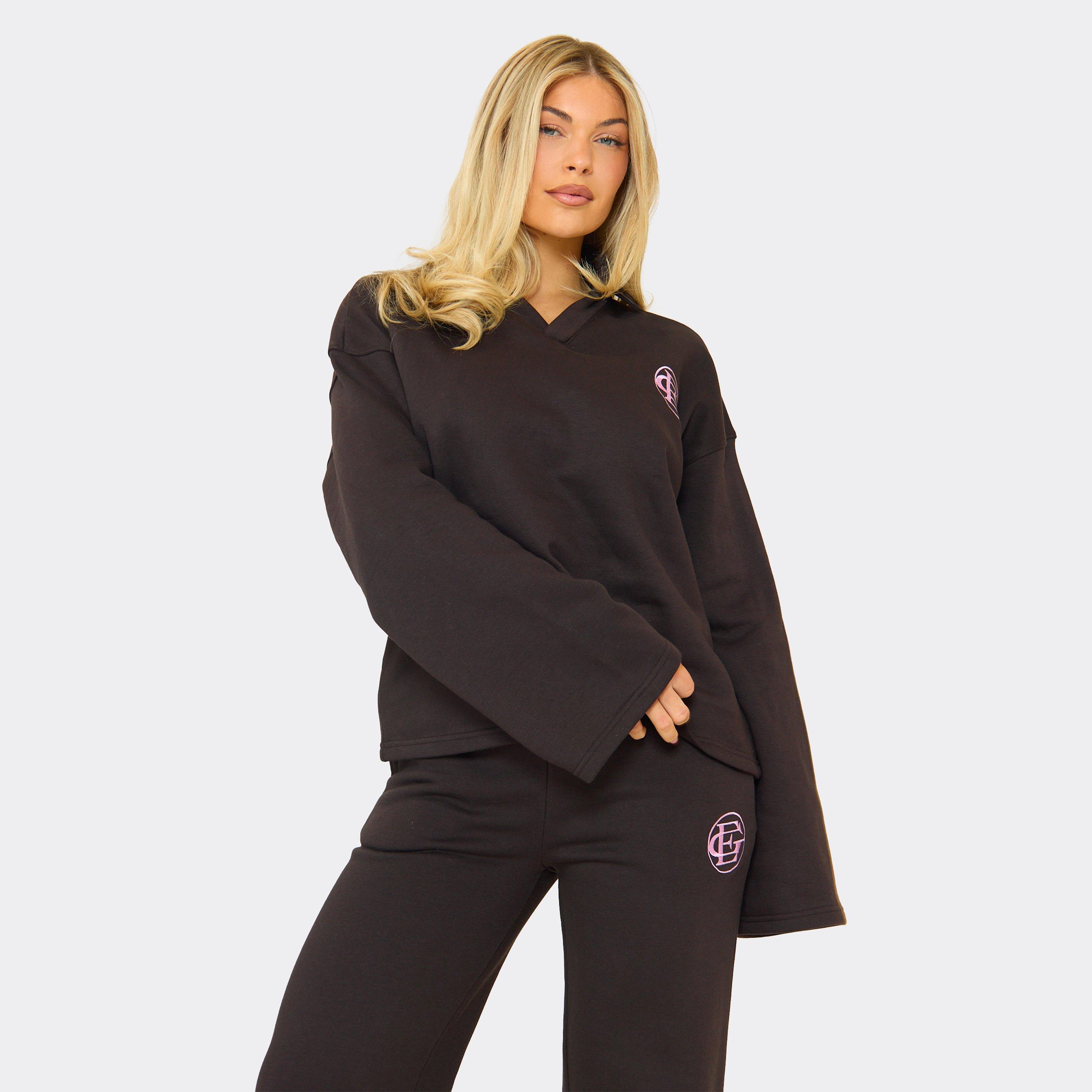 V Neck Striped Embroidered Graphic Sweatshirt In Chocolate Brown, Women's Size UK 14