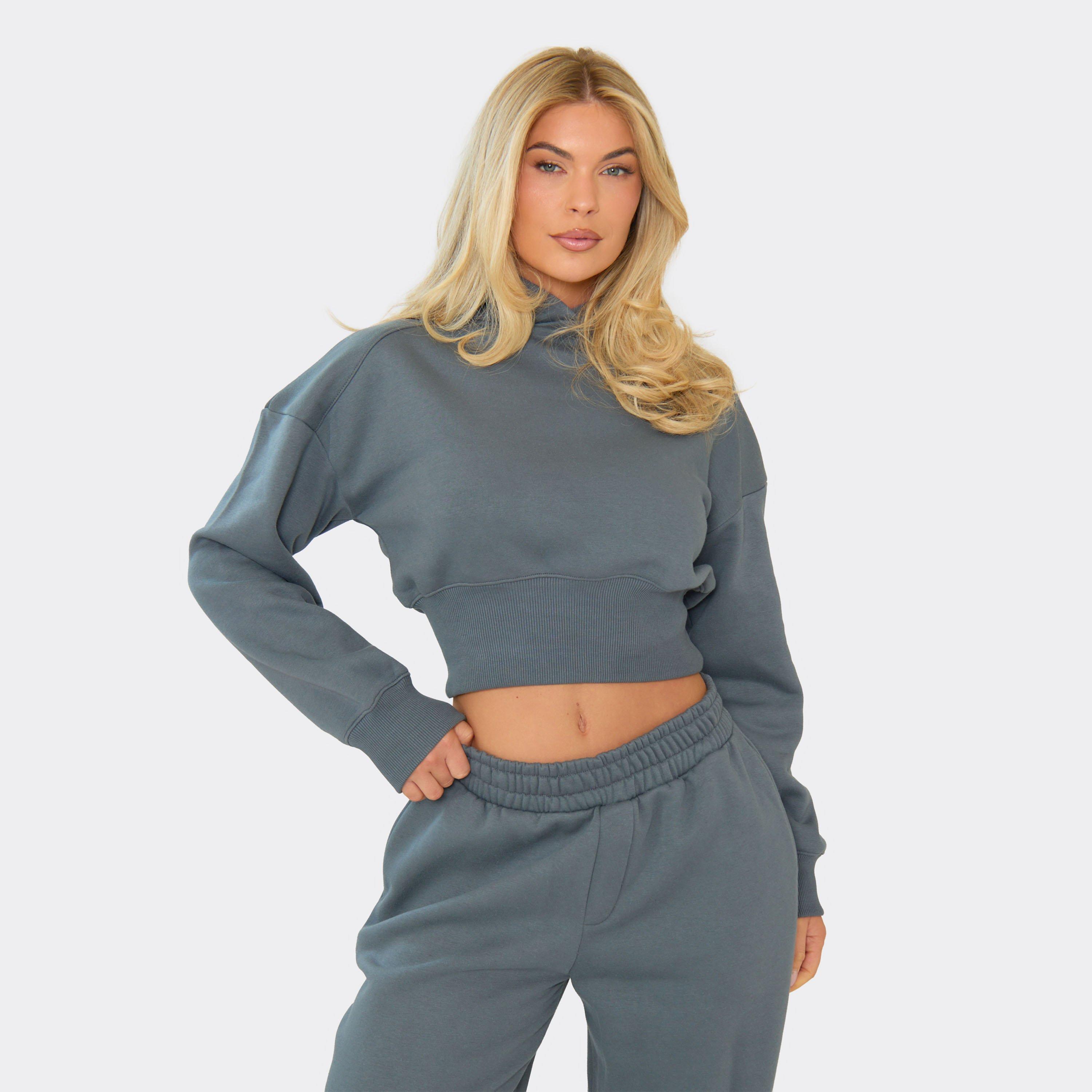 Cinched Waist Cropped Hoodie In Steel Blue, Women’s