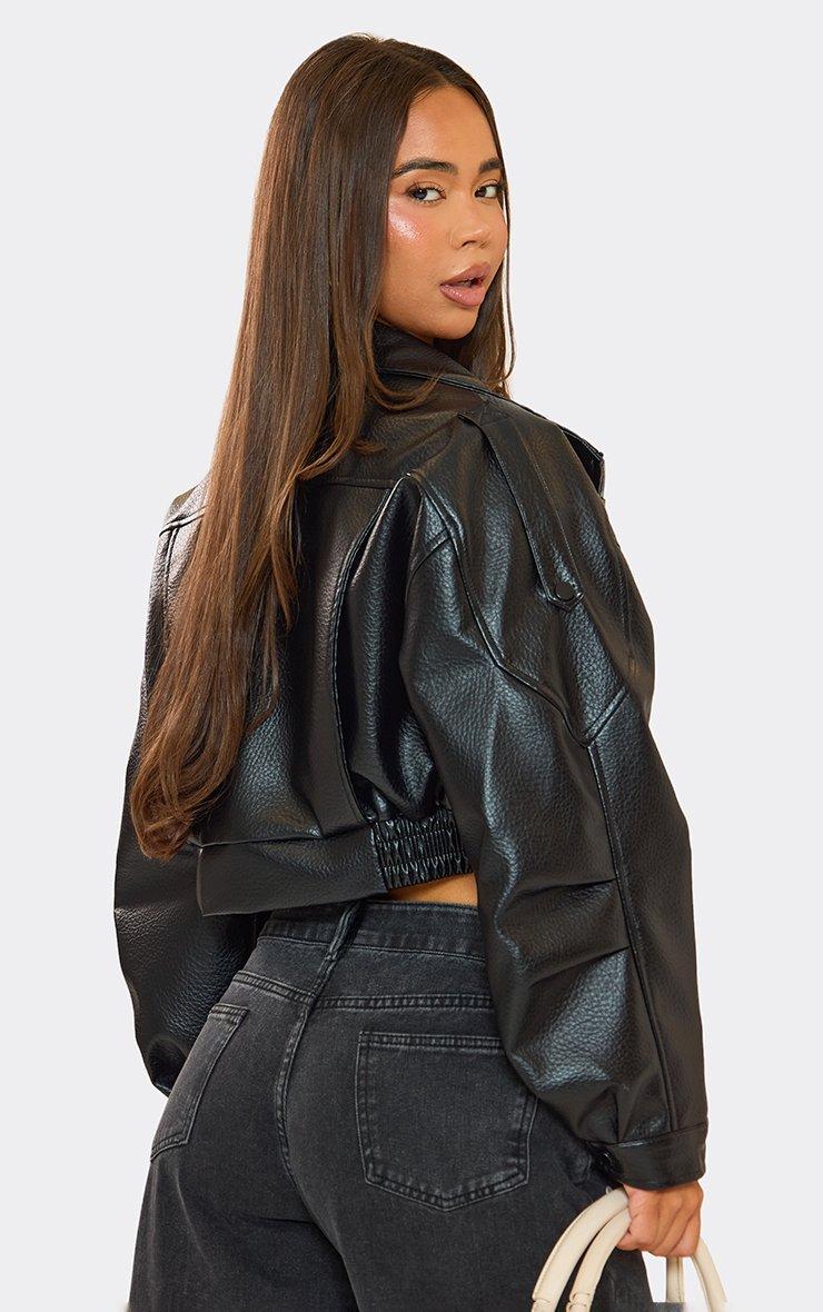 High Neck Cropped Zip Detail Bomber Jacket In Black Faux Leather