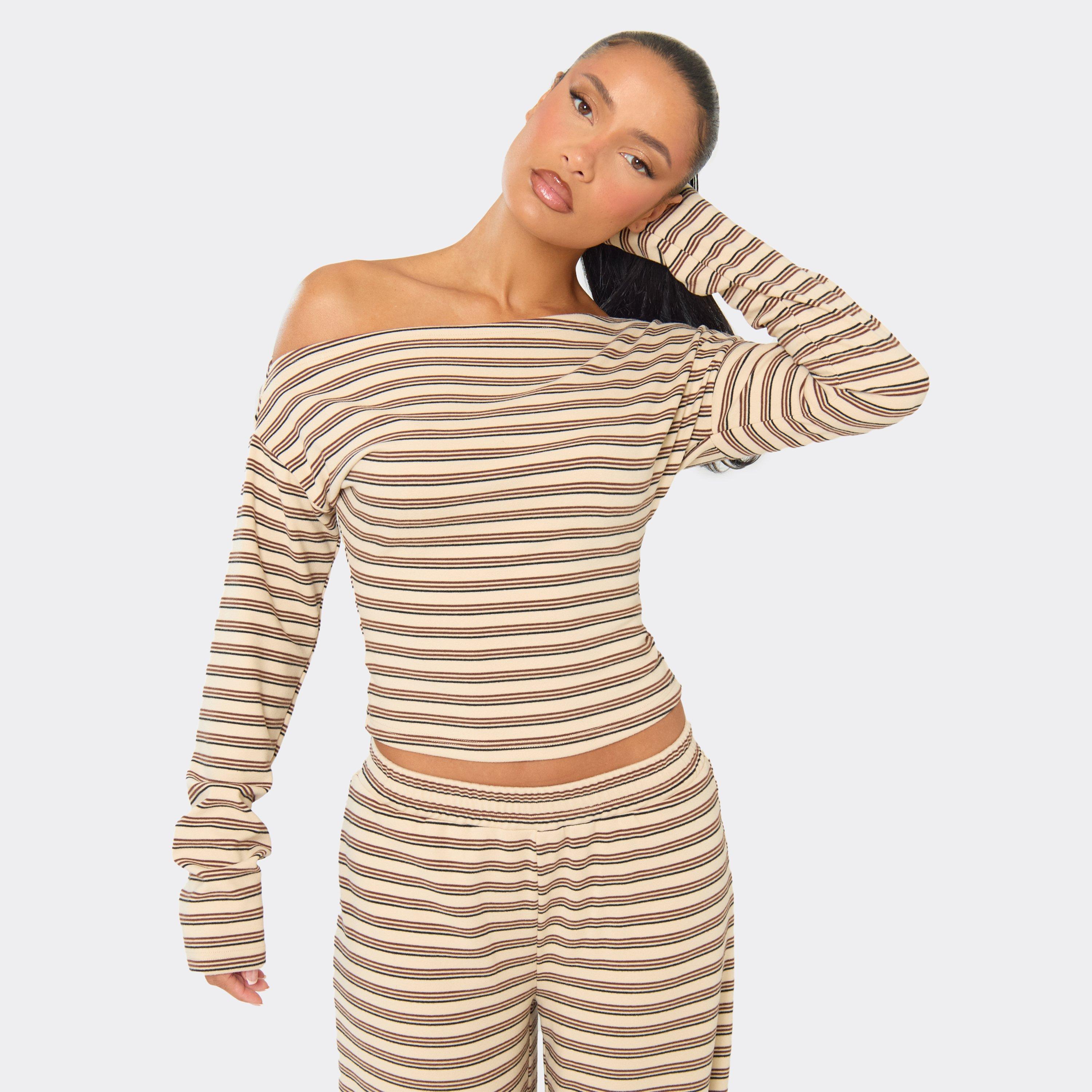 Image of Asymmetric Long Sleeve Top In Cream Striped Soft Fleece, Women's