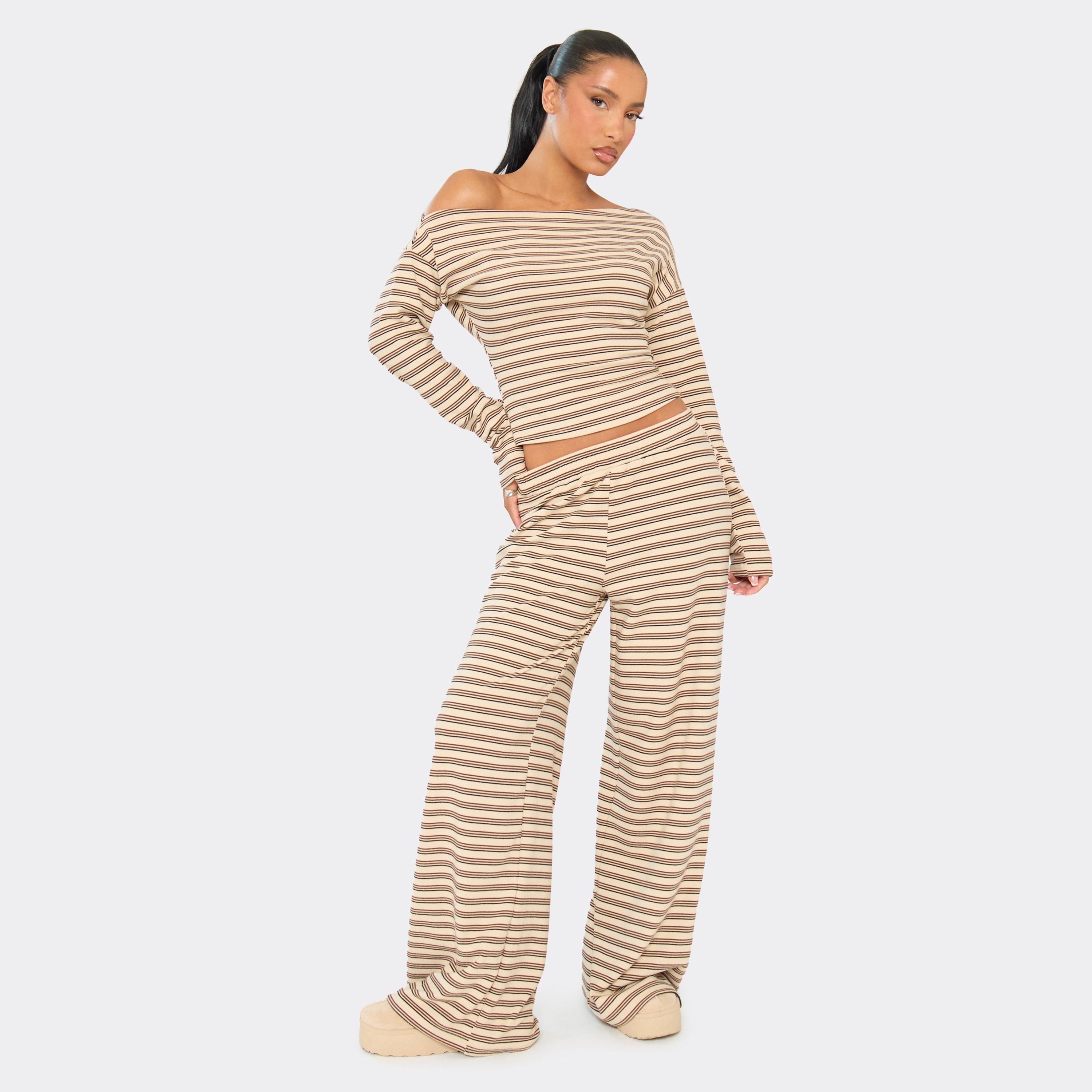 Image of Mid Rise Wide Leg Trousers In Cream Striped Soft Fleece, Women's