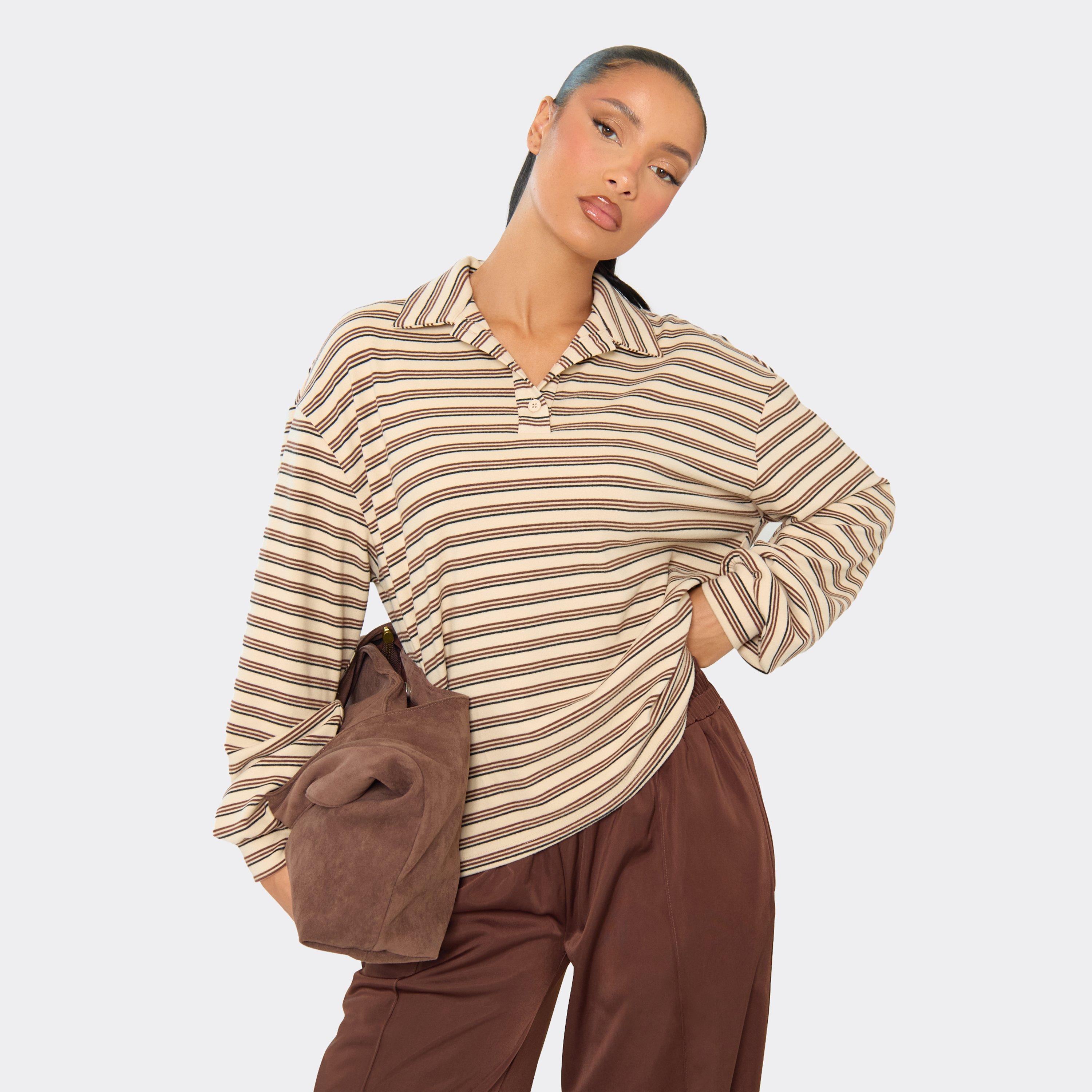 Long Sleeve Collar Detail Top In Cream Stripe Soft Fleece, Women's Size UK 8