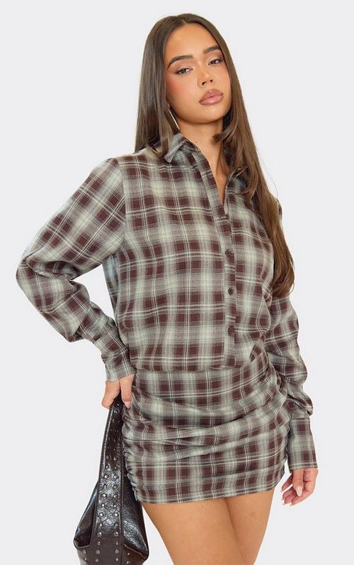 grey long sleeve shirt dress Ruched Mini In Pinstripe | EGO US collections:basics