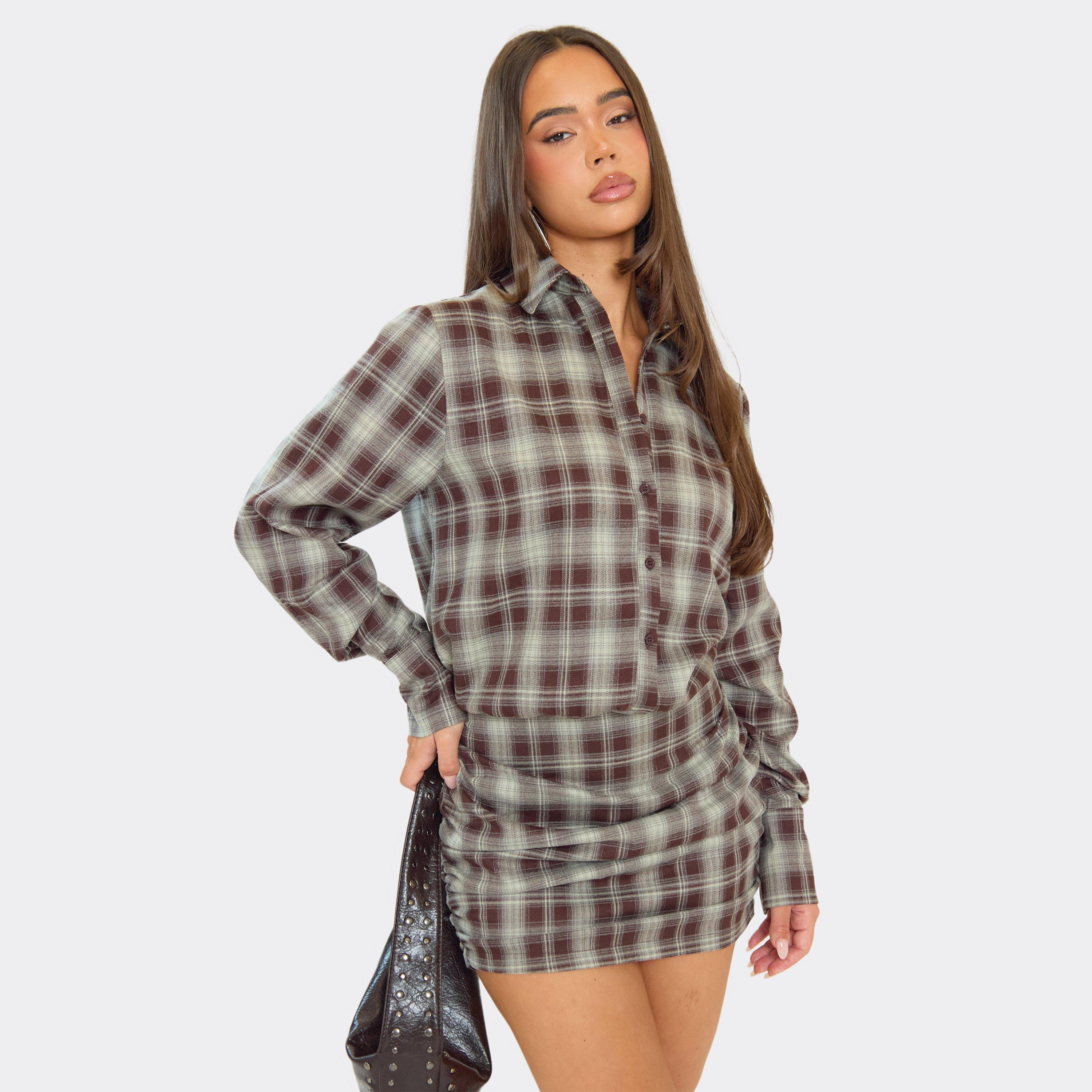 Ruched Side Mini Shirt Dress In Grey Check Print, Women’s
