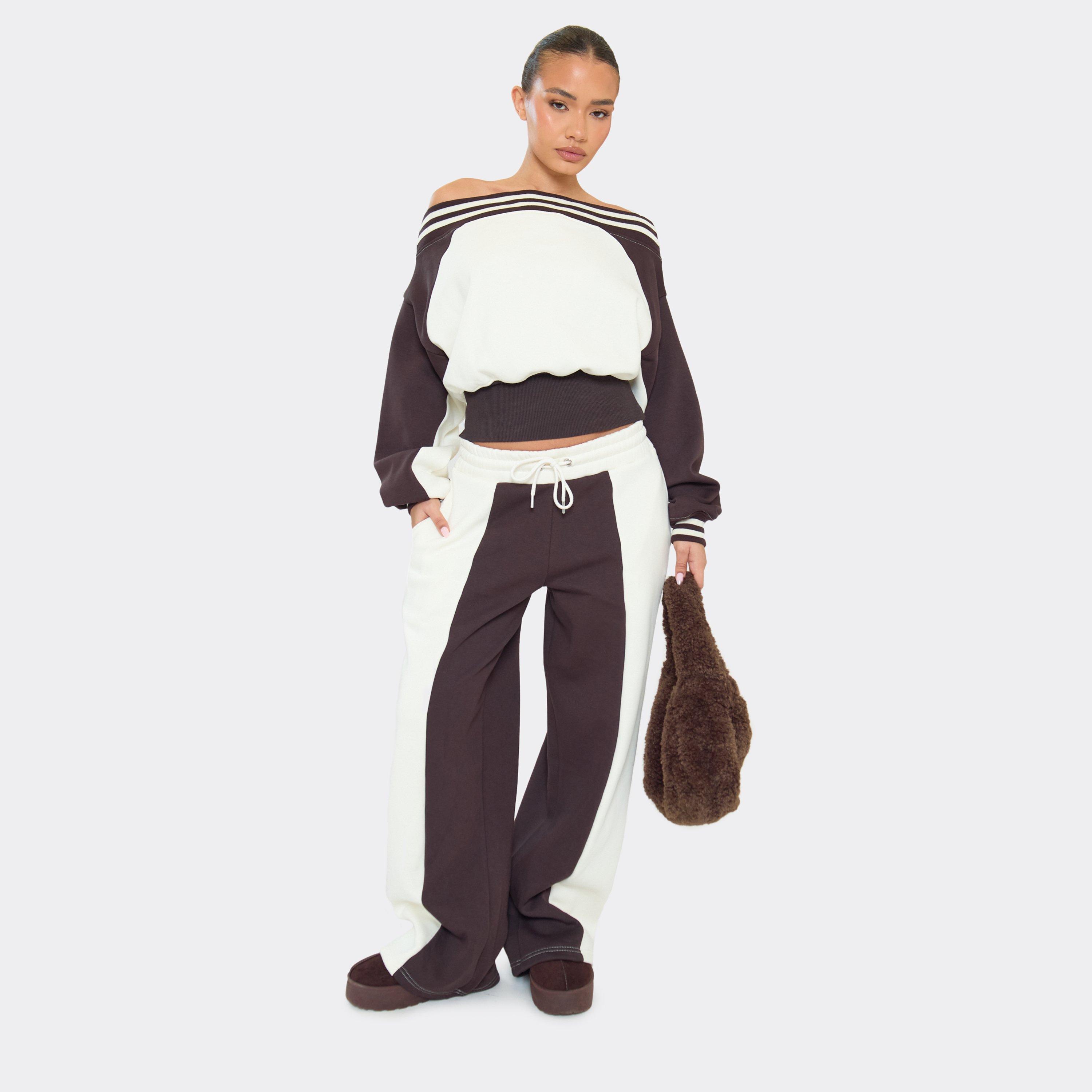 Mid Rise Drawstring Waist Contrast Stripe Detail Wide Leg Joggers In Cream, Women's Size UK 10