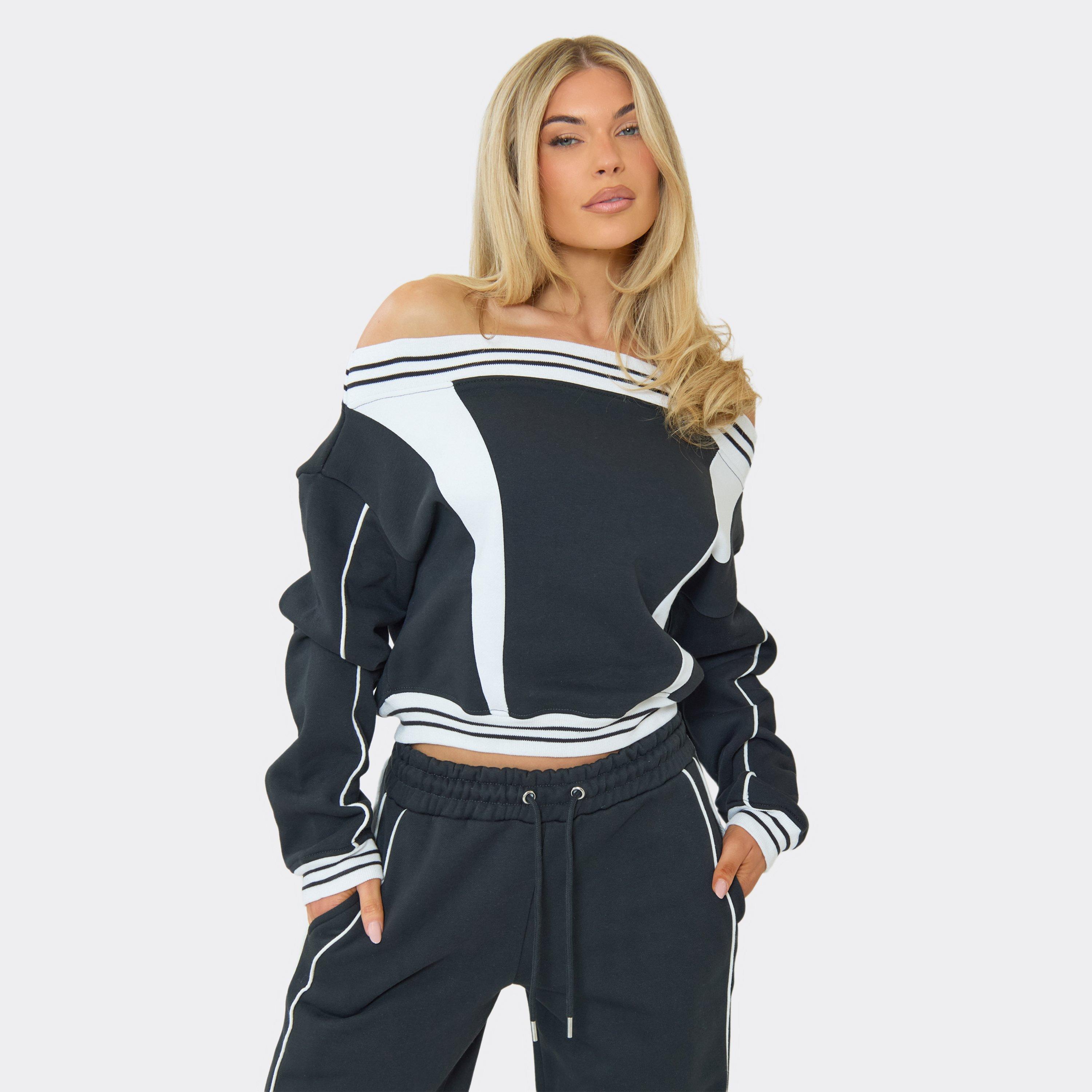 Image of Off The Shoulder Contrast Stripe Cinched Waist Detail Sweatshirt In Navy Blue, Women's