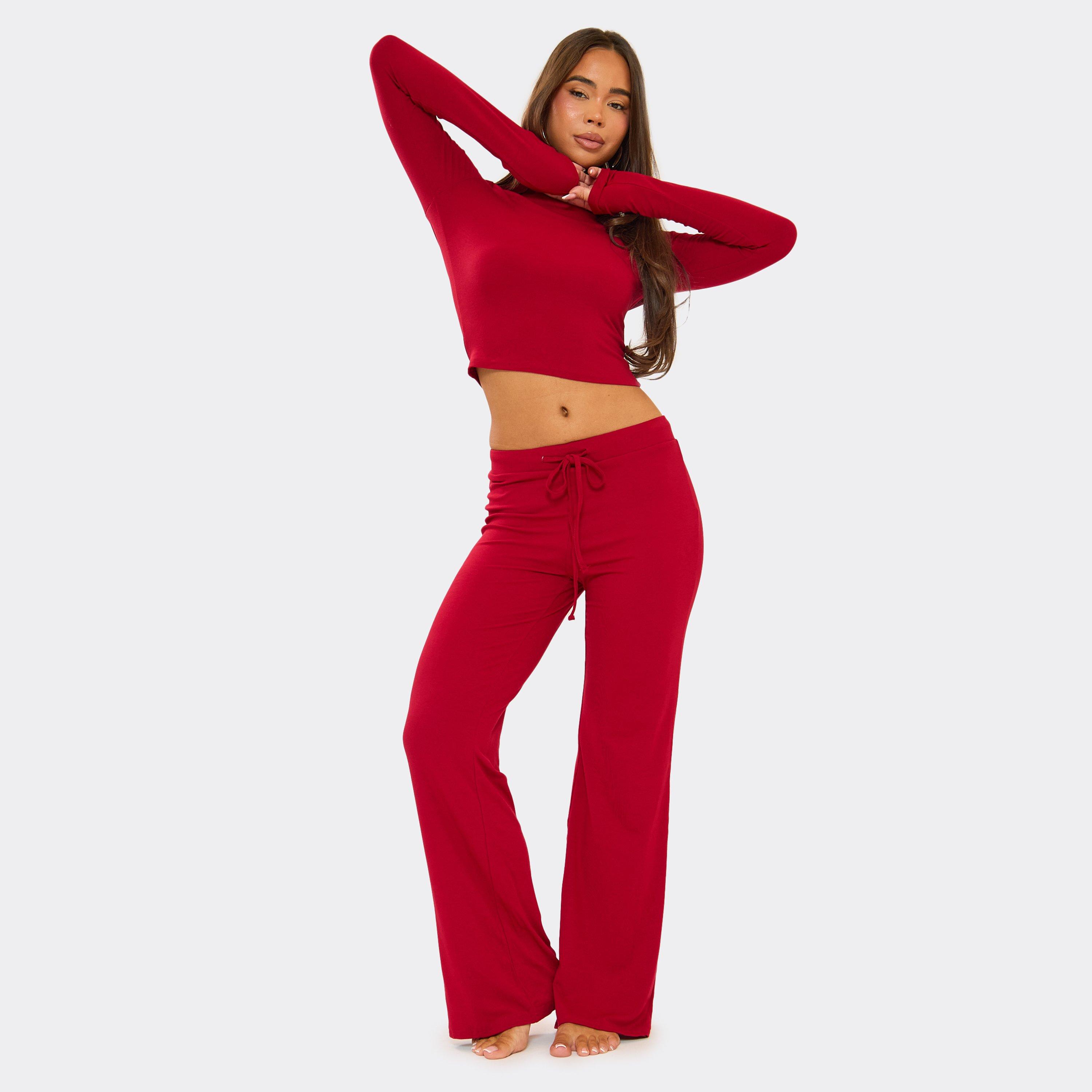 Long Sleeve Top And Drawstring Trouser Pyjama Set In Burgundy Jersey, Women's Size UK M