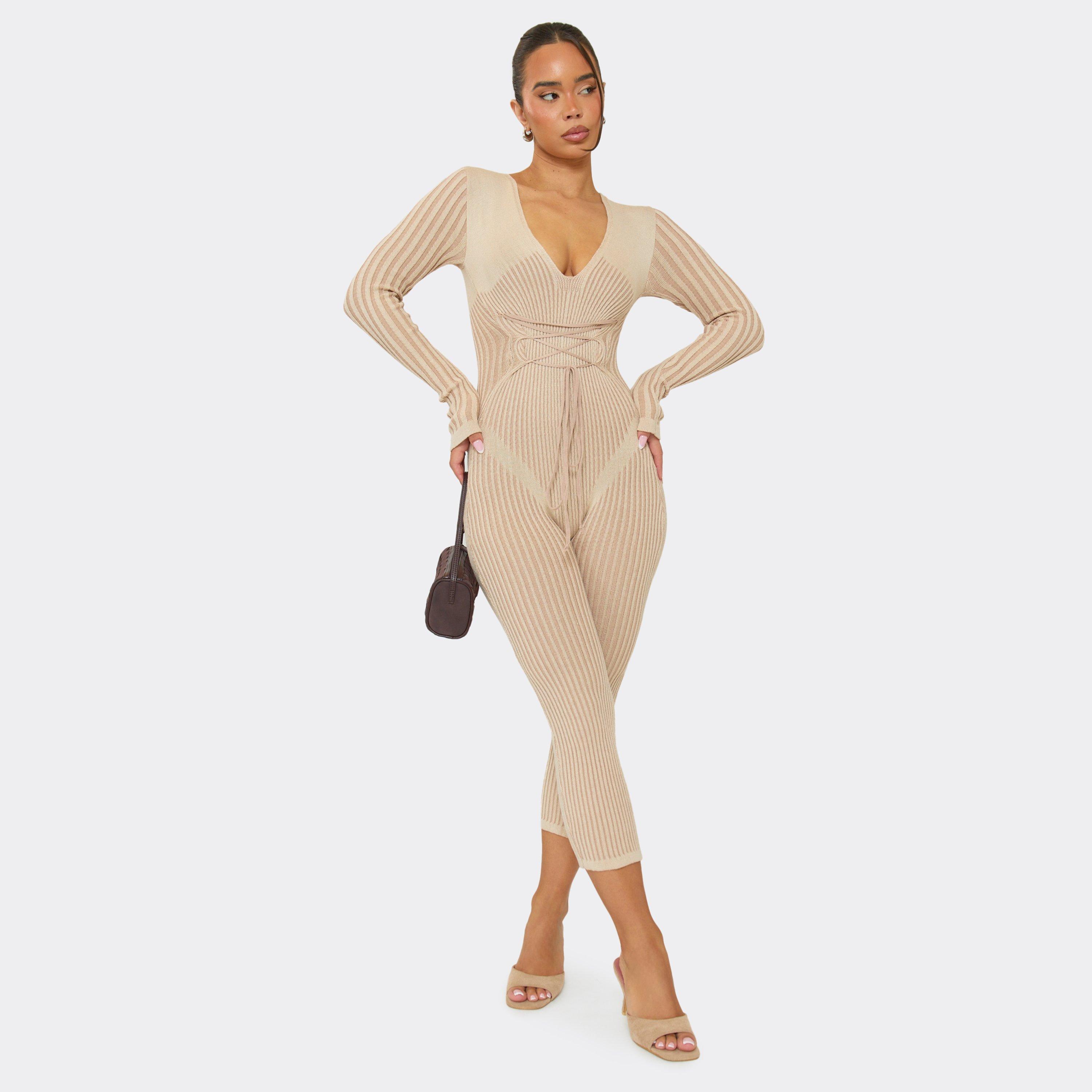 Image of Long Sleeve Plunge Strappy Waist Detail Capri Jumpsuit In Stone Contrast Rib Knit, Women's Size UK S