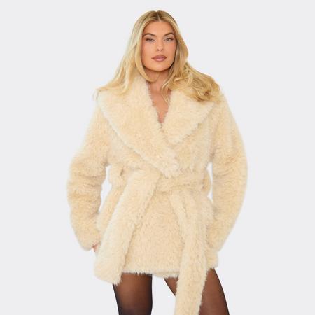 Collar Tie Waist Detail Coat In Stone Faux Fur Textured, Women's Size US