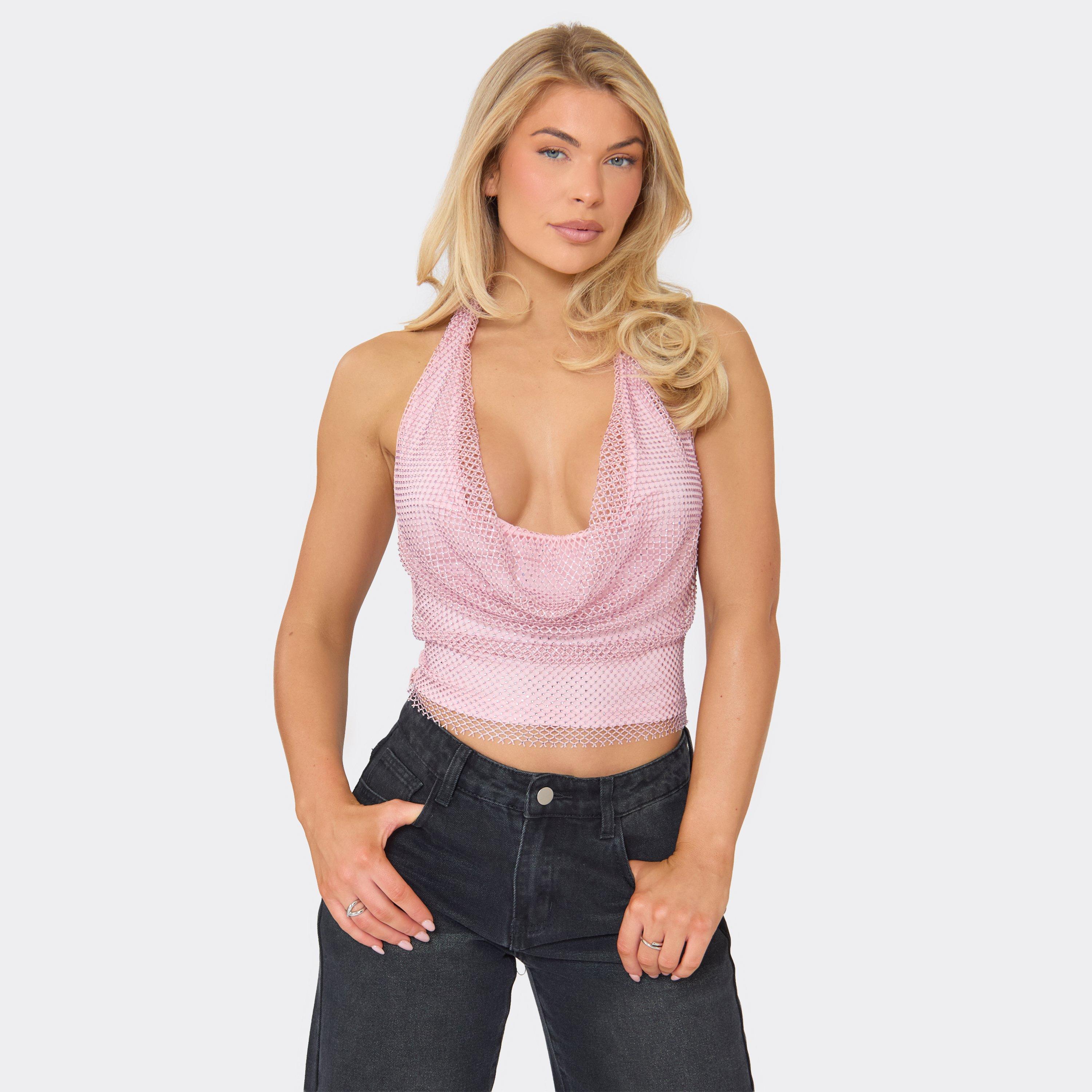 Cowl Halterneck Rhinestone Detail Crop Top In Baby Pink, Women's Size UK 6