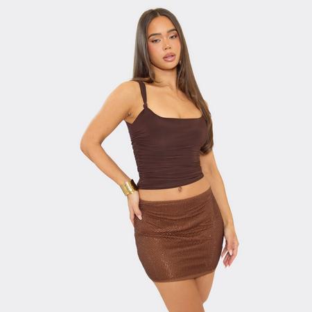Mid Rise Rhinestone Detail Bodycon Mini Skirt In Chocolate Brown, Women's Size US