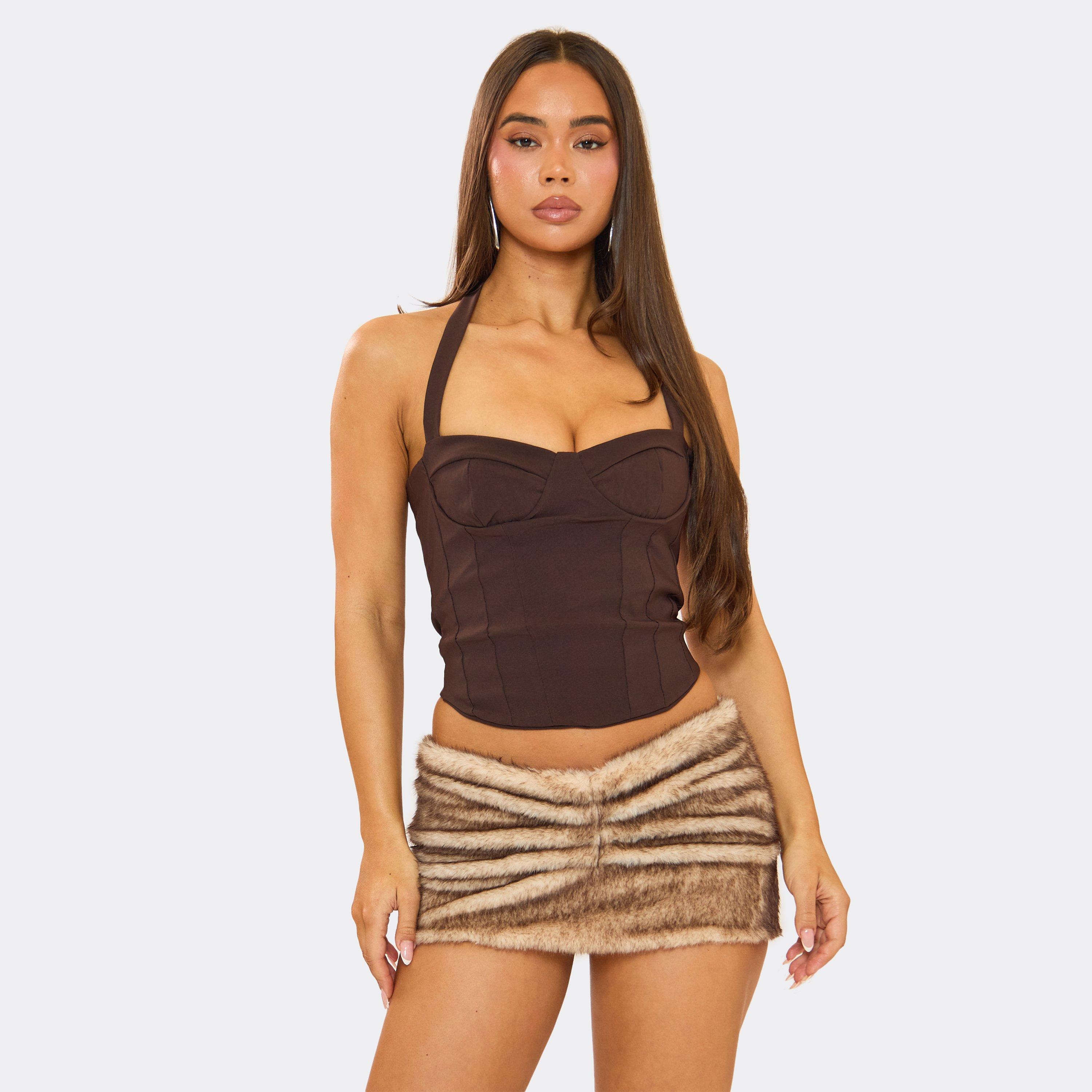 Ruched Detail Micro Mini Skirt In Brown Faux Fur, Women's Size UK L