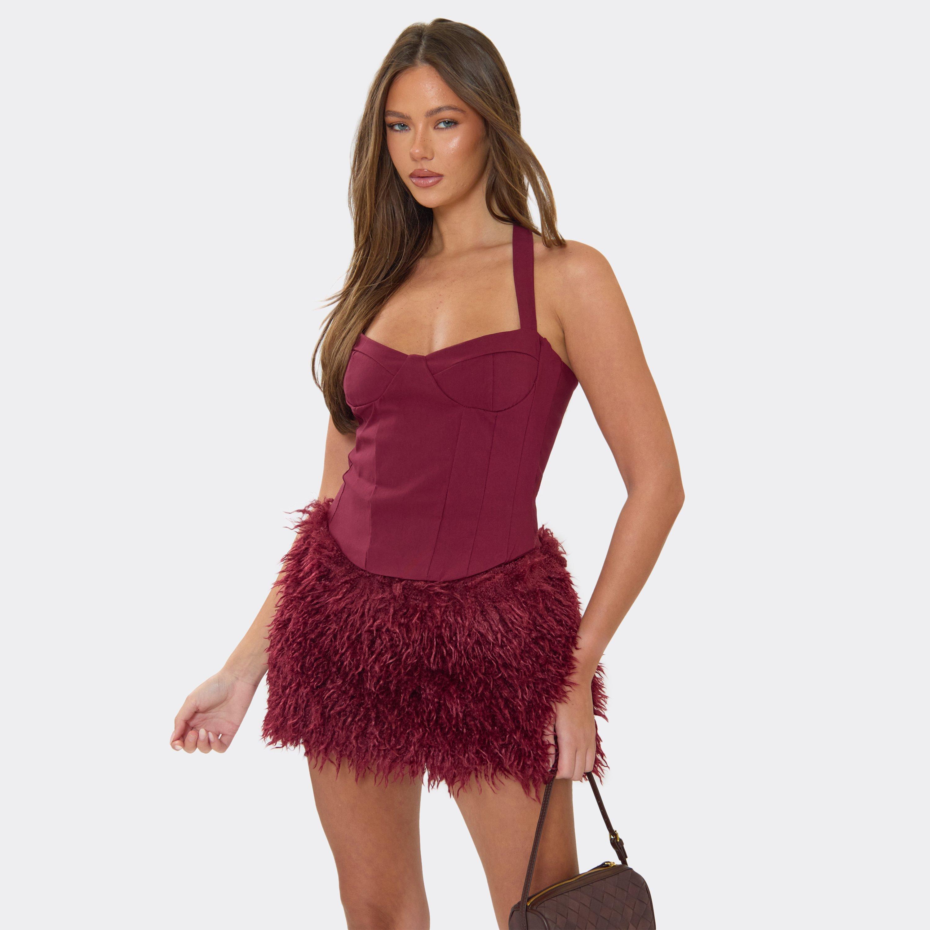 Halterneck Corset Top In Burgundy, Women's Size UK 8