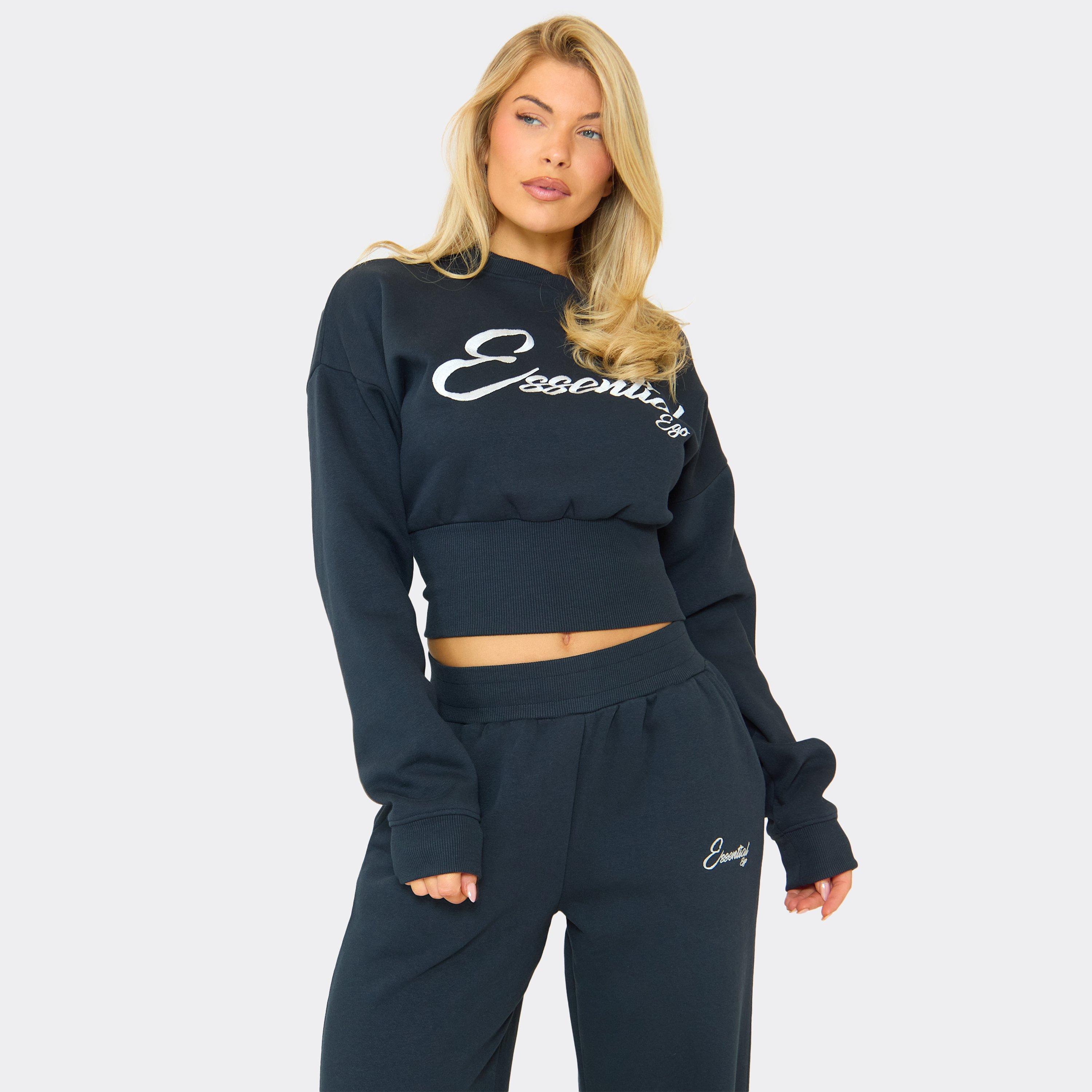Long Sleeve Graphic Detail Cinched Waist Cropped Sweatshirt In Navy Blue, Women's Size UK 8