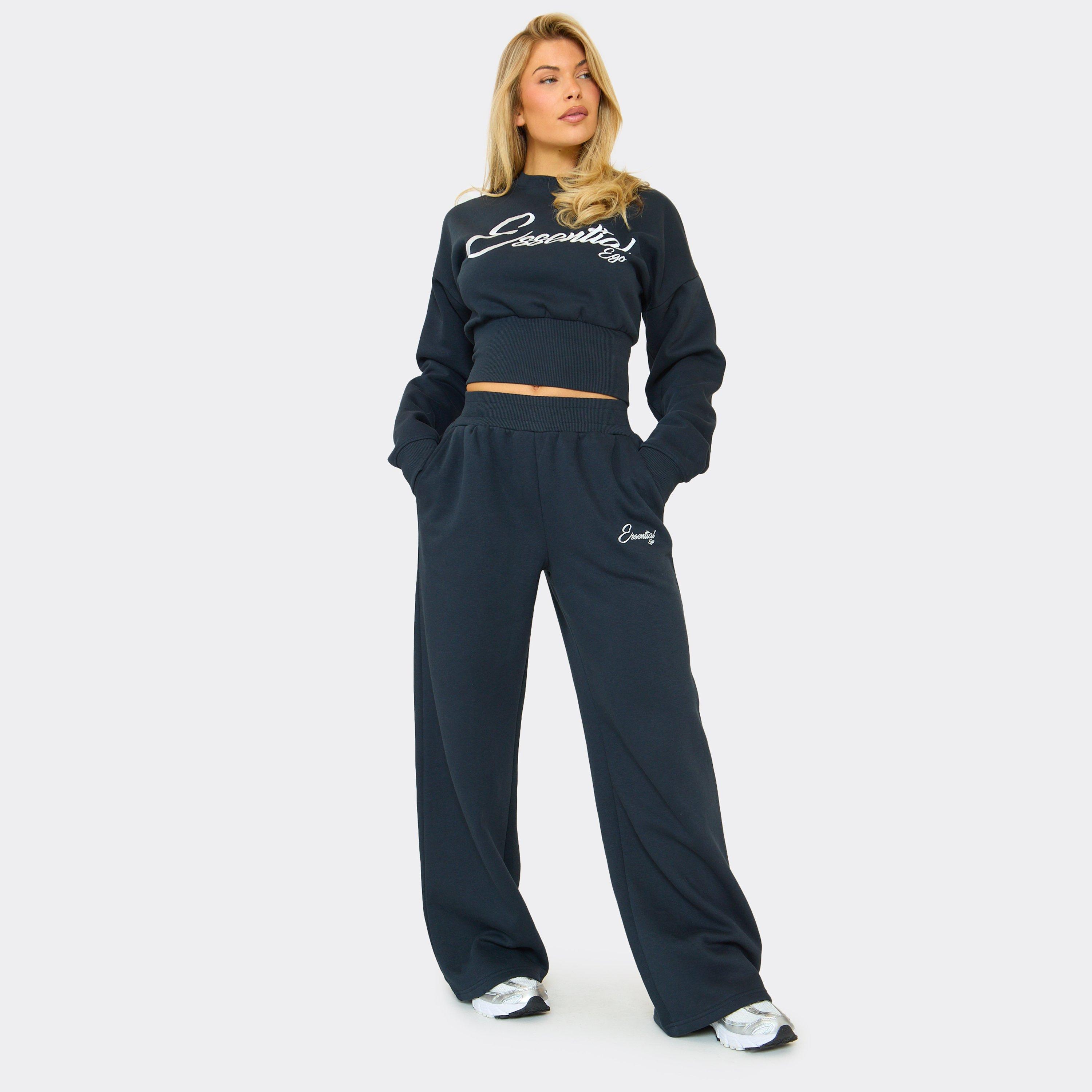 Mid Rise Graphic Detail Wide Leg Joggers In Navy Blue, Women’s