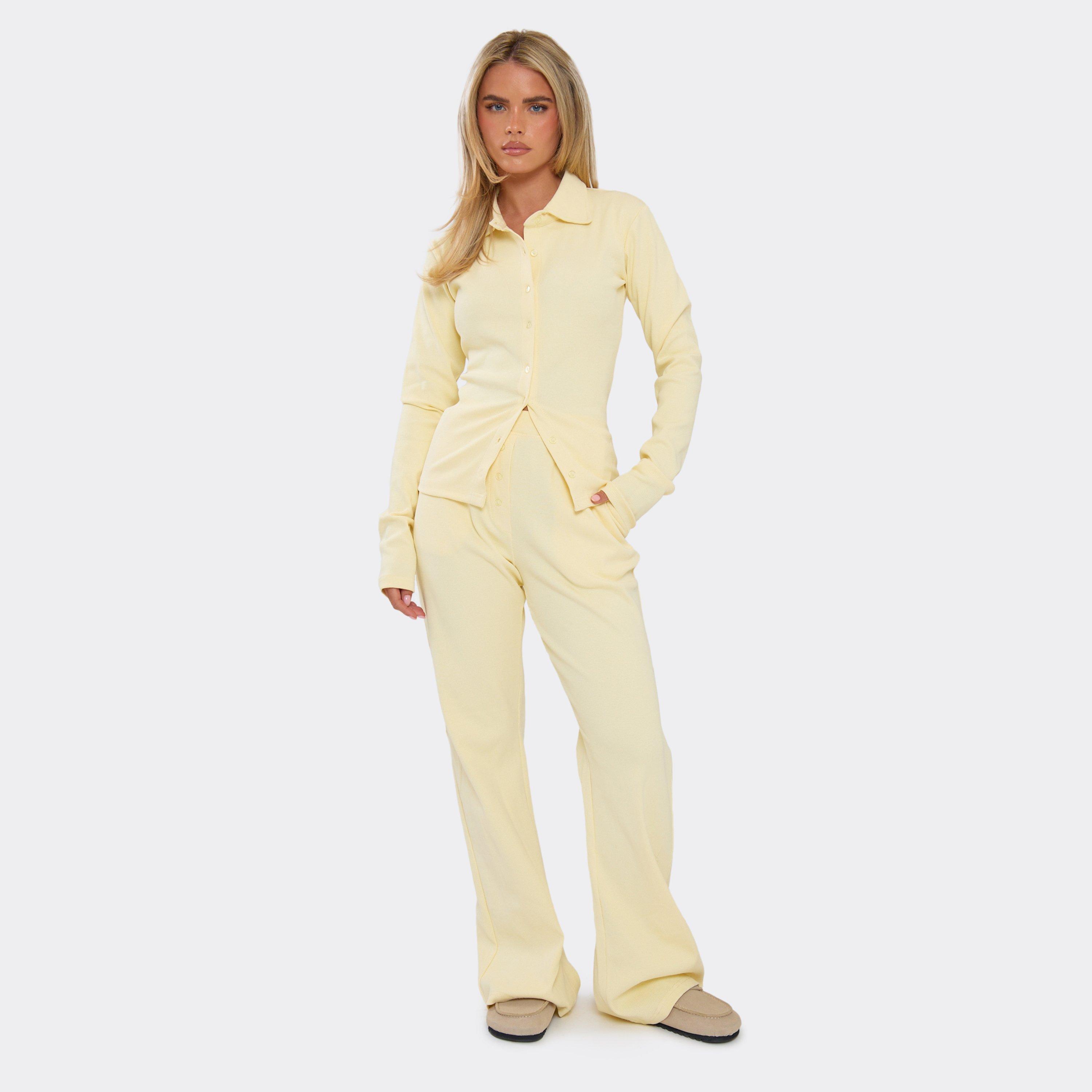 Mid Rise Straight Leg Joggers In Yellow Ribbed, Women's Size UK 6