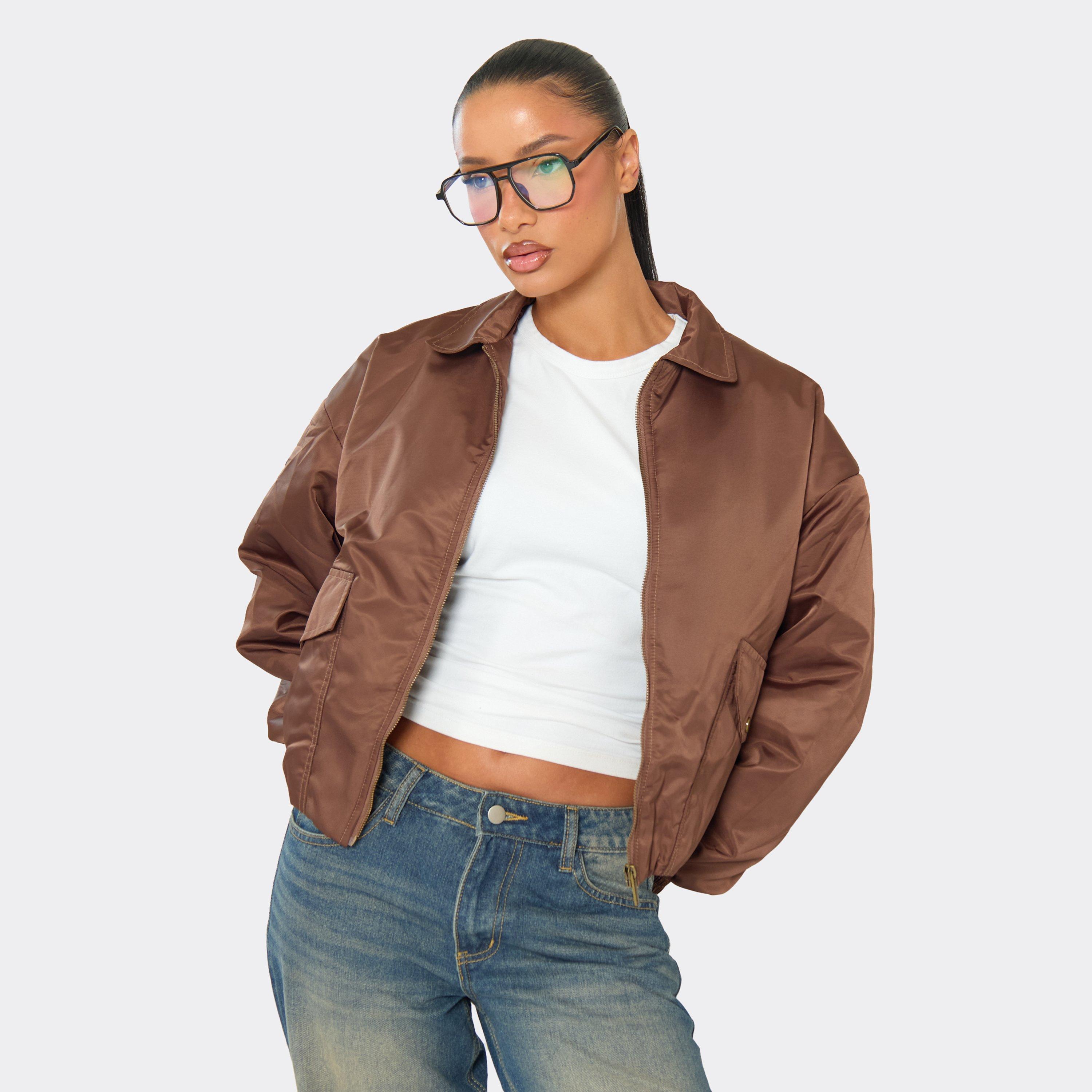 Collar Padded Bomber Jacket In Chocolate Brown, Women’s
