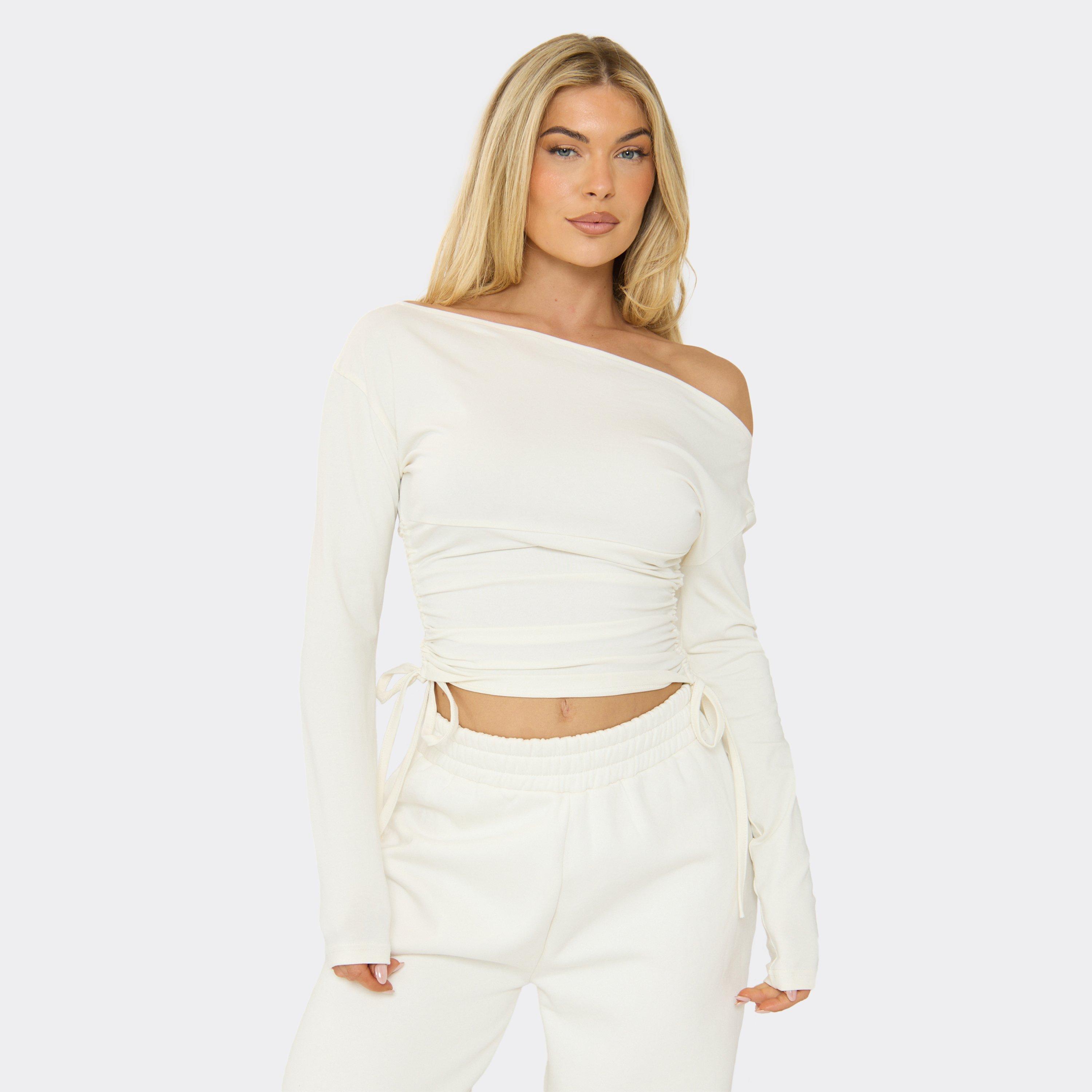 Long Sleeve Asymmetric Cinched Waist Ruched Detail Top In Cream, Women's Size UK 8
