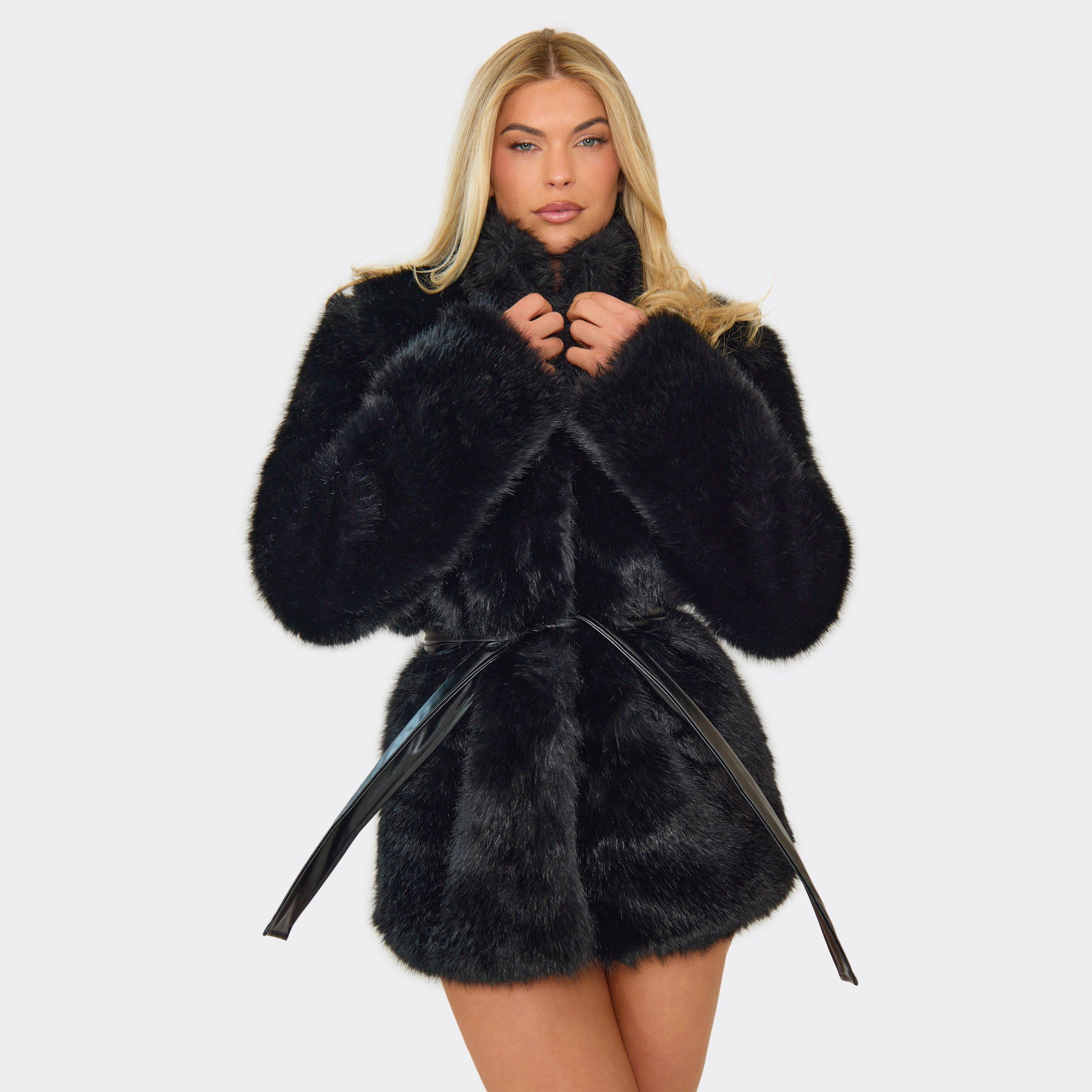 High Neck Tie Waist Coat In Black Faux Fur, Women's Size UK S