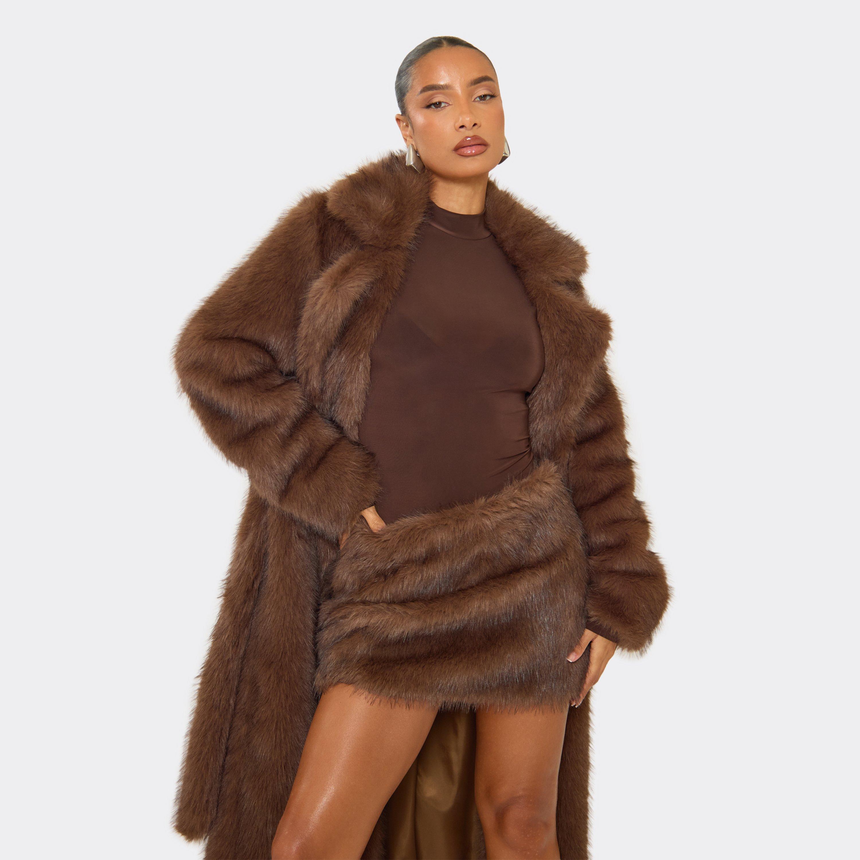Mid Rise Mini Skirt In Chocolate Brown Faux Fur, Women's Size UK 8