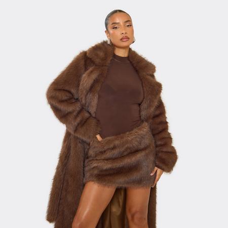 Mid Rise Mini Skirt In Chocolate Brown Faux Fur, Women's Size US