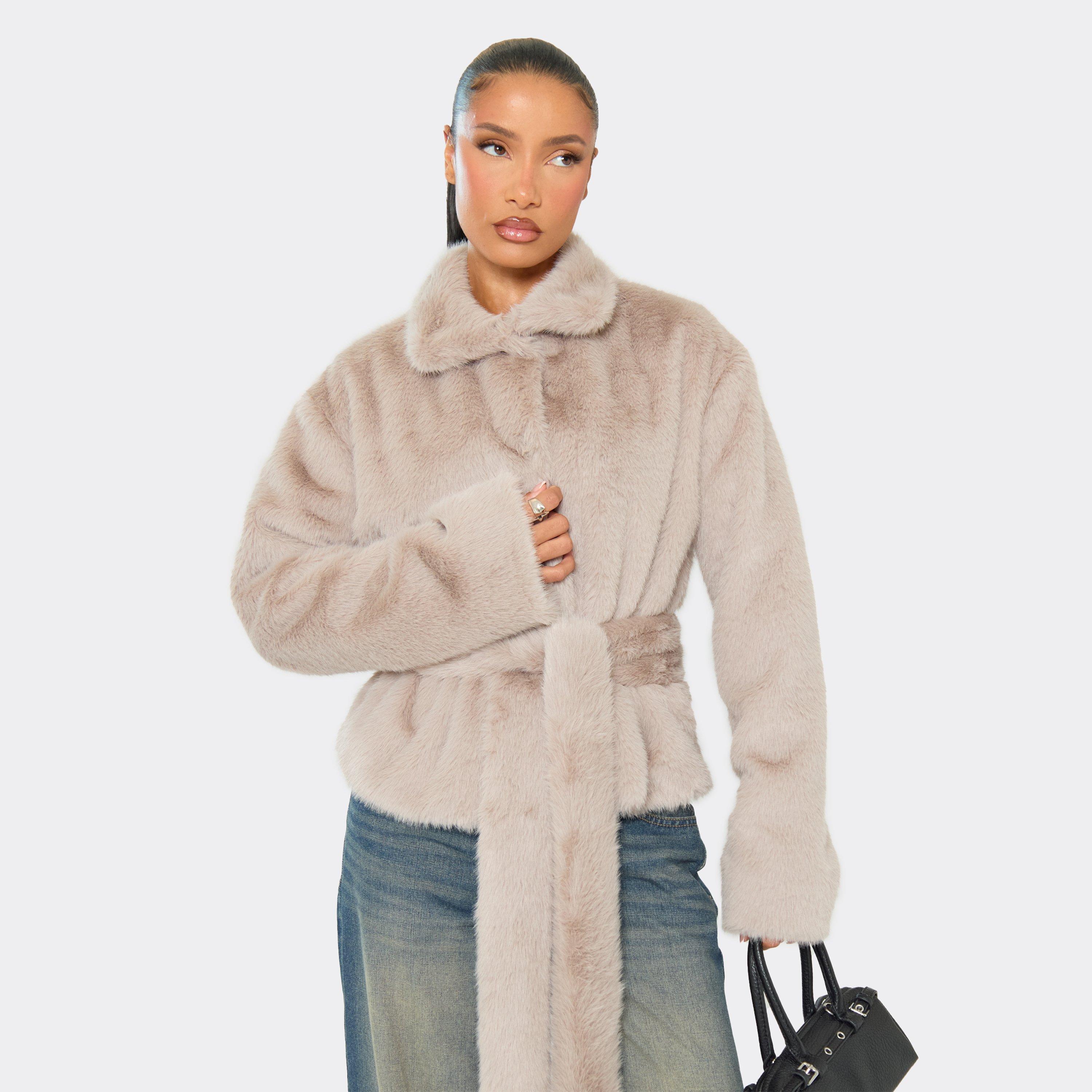 Collared Tie Waist Detail Jacket In Stone Soft Faux Fur, Women’s