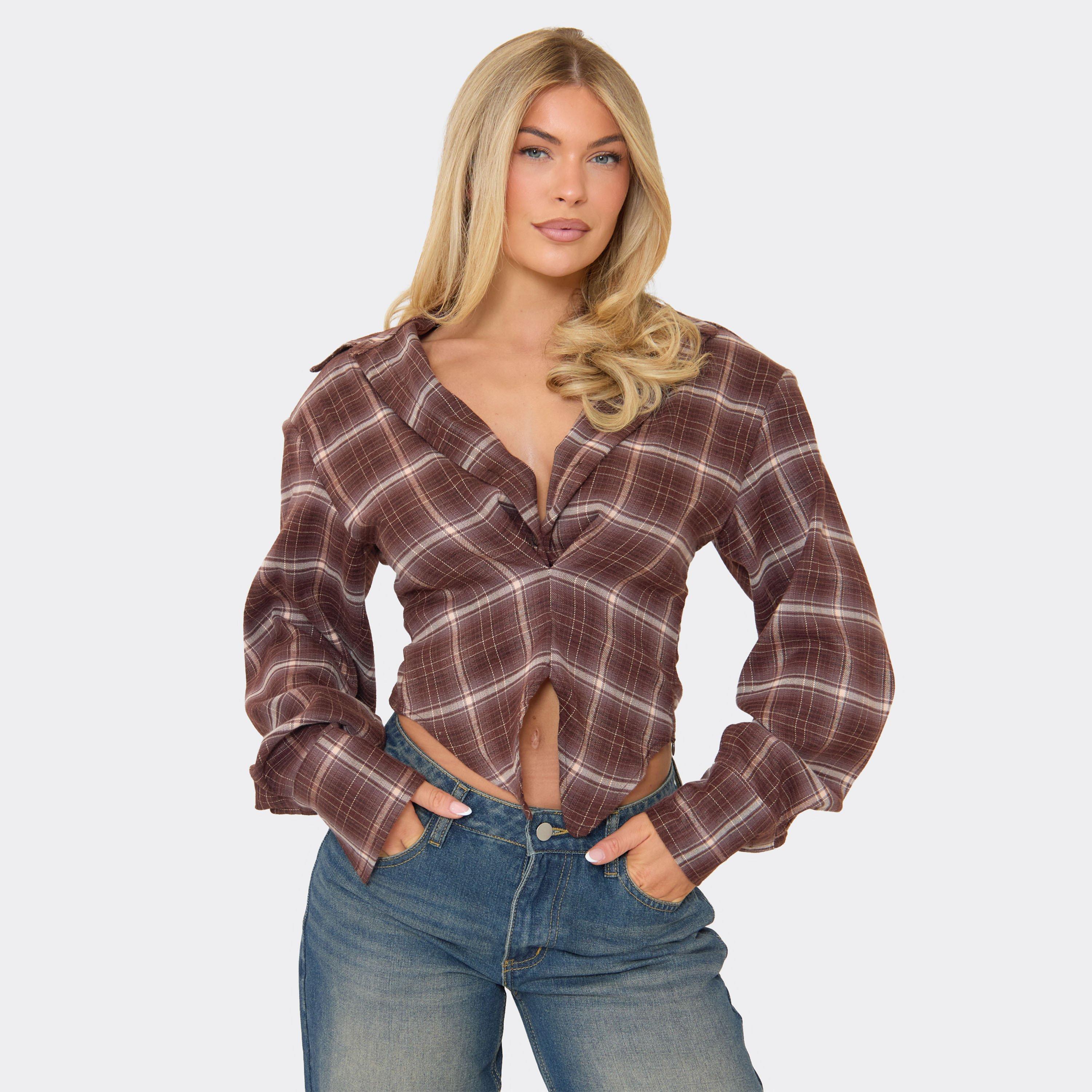 Image of Long Sleeve Cinched Waist Shoulder Pad Shirt In Chocolate Brown Check Print, Women's