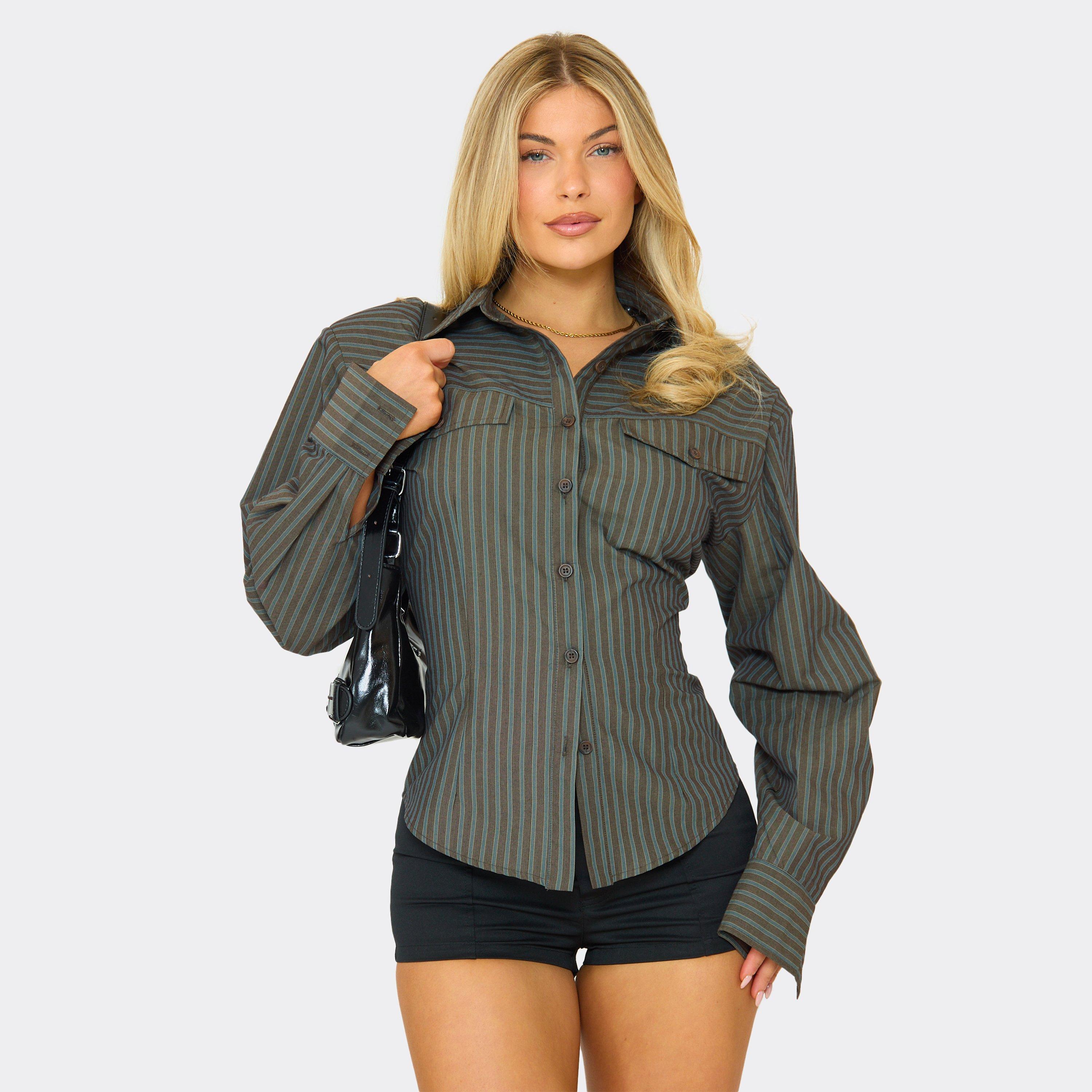 Long Sleeve Double Pocket Detail Collared Shoulder Pad Shirt In Grey Pinstripe, Women's Size UK 6