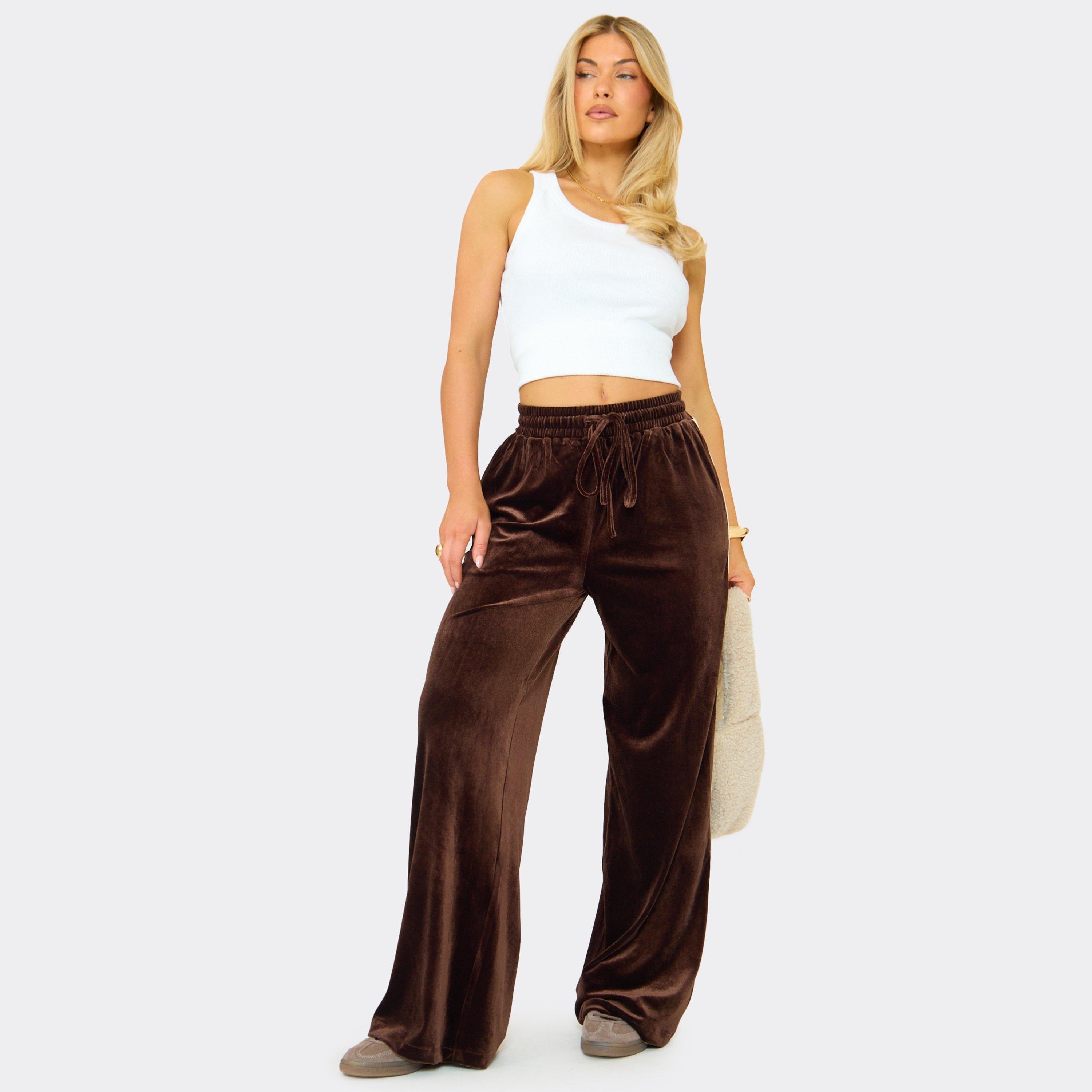 Mid Rise Drawstring Side Stripe Velour Joggers In Chocolate Brown, Women's Size UK 8