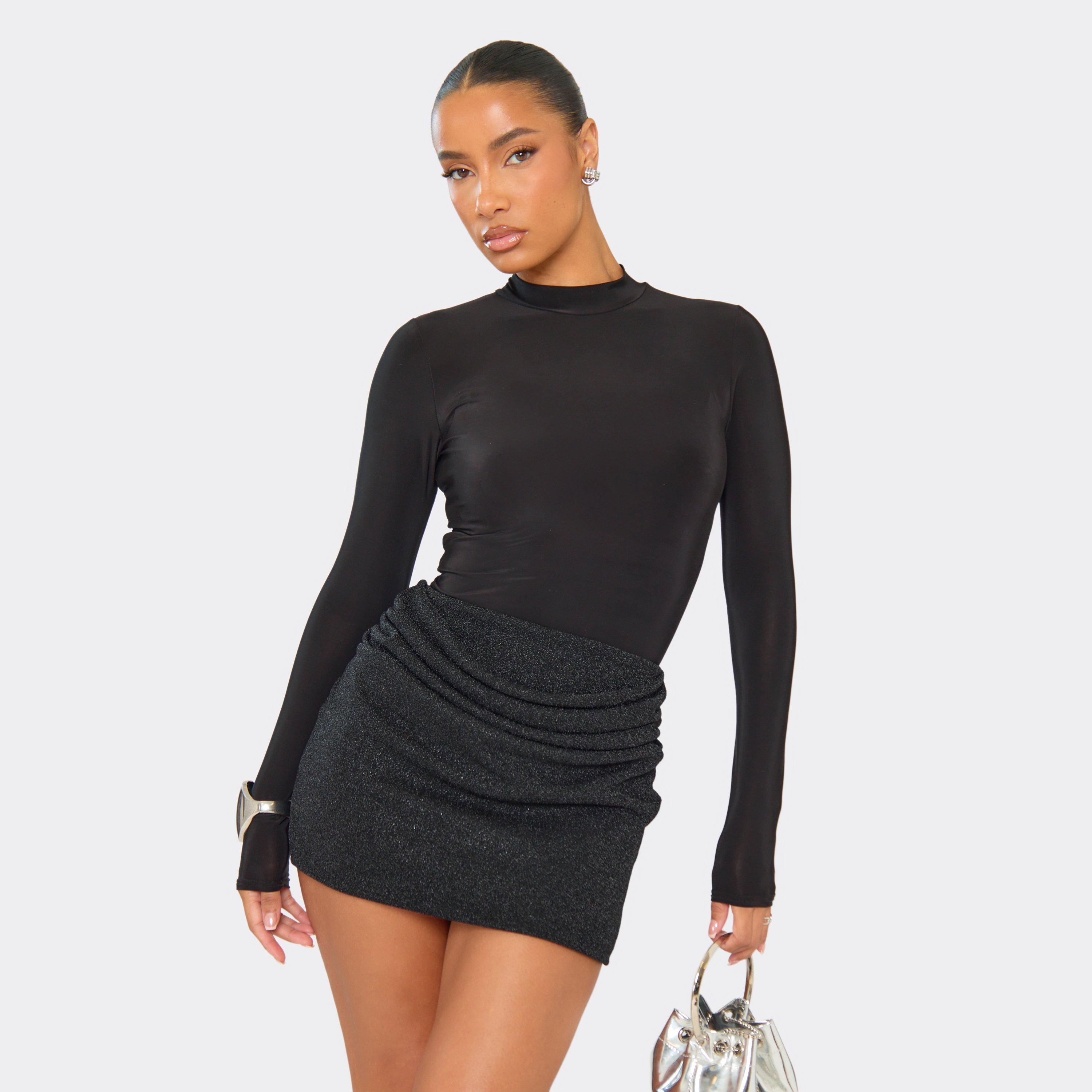 Mid Rise Drape Ruched Mini Skirt In Black Glitter, Women's Size UK 6