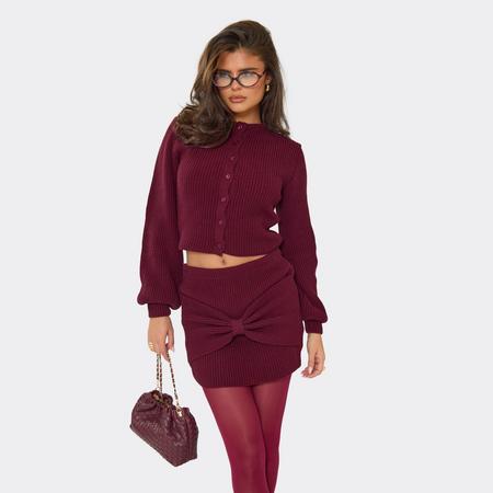 Balloon Sleeve Button Down Cardigan In Burgundy Knit, Women's Size US