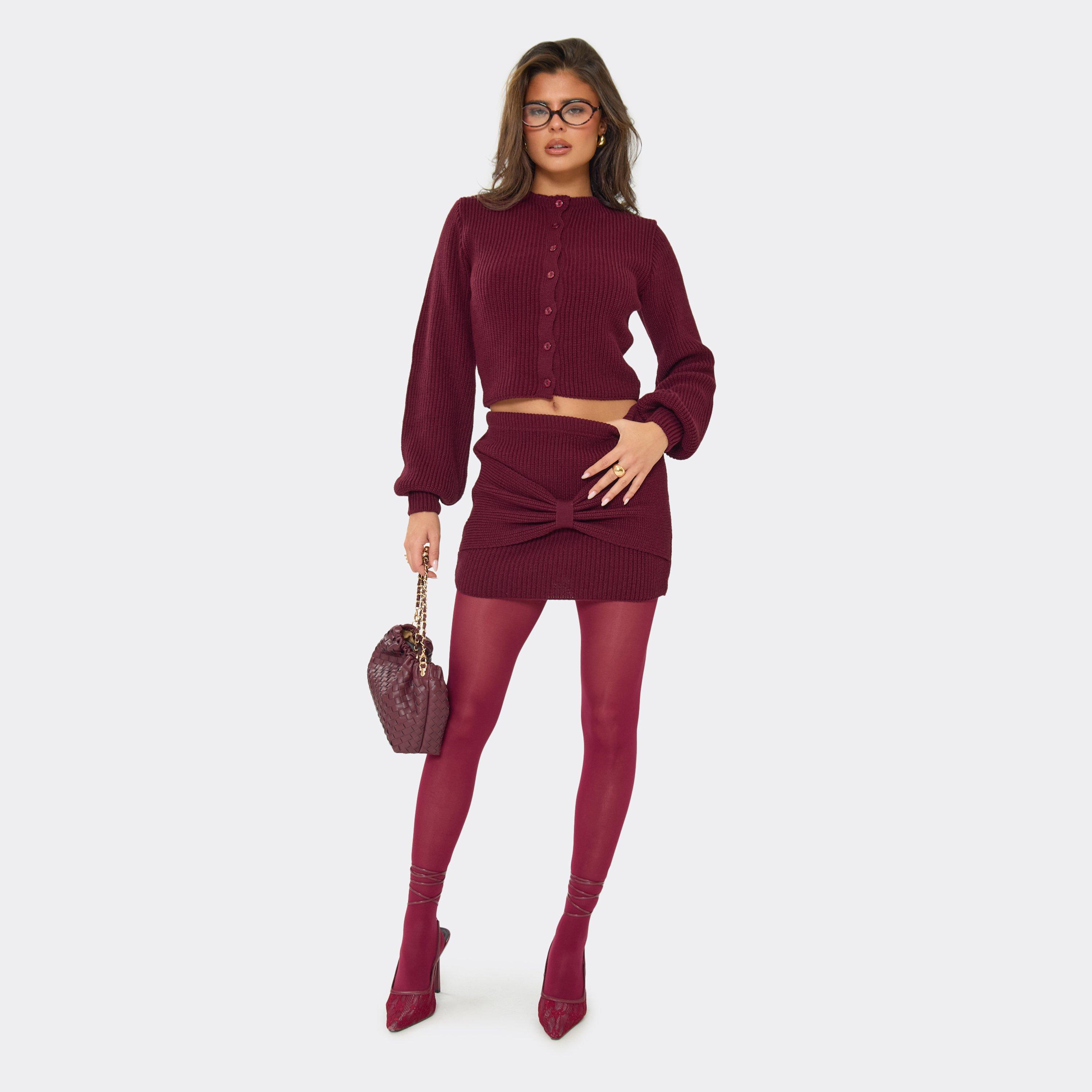 Mid Rise Bow Front Detail Mini Skirt In Burgundy Knit, Women's Size UK S