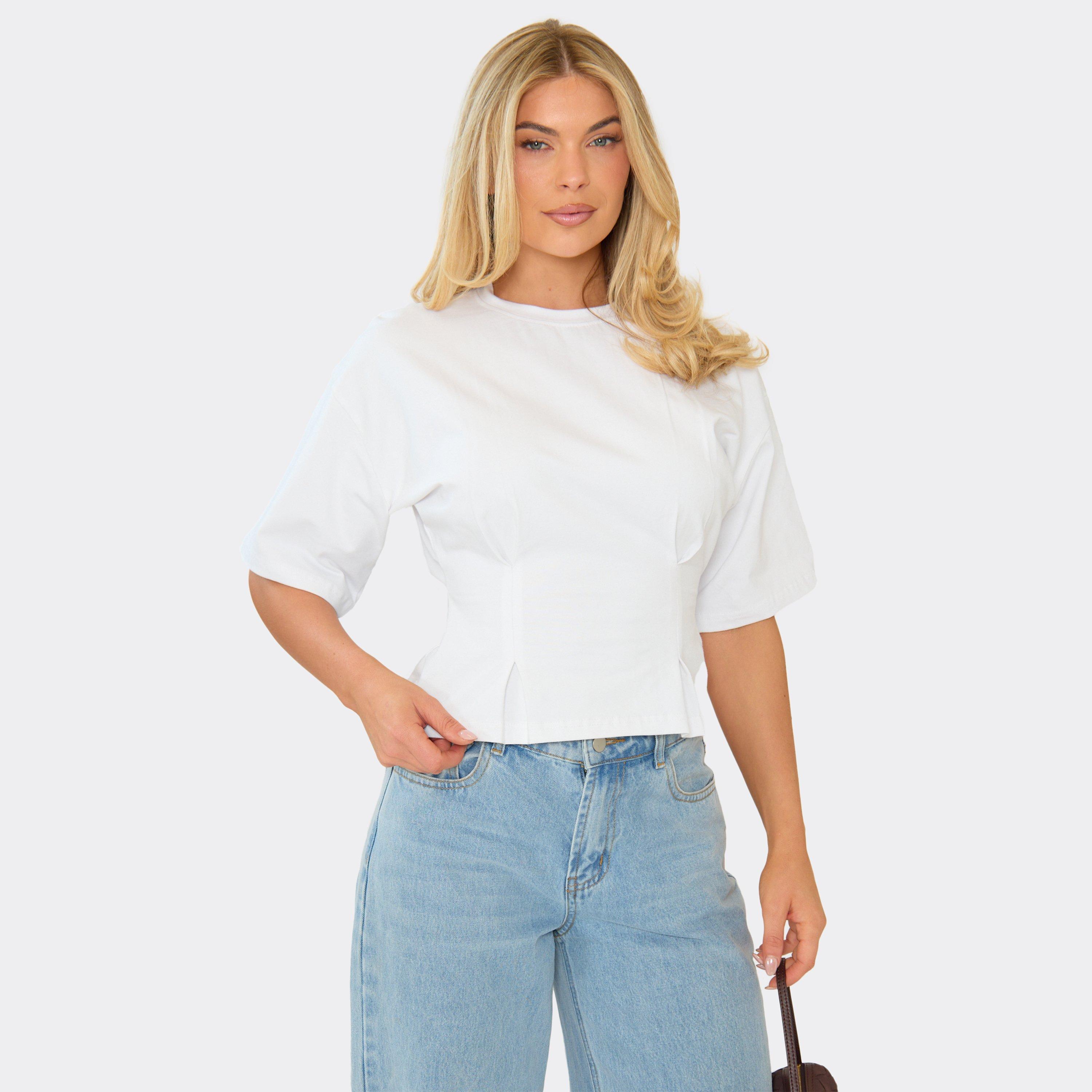 Image of Short Sleeve Pleated Cinched Waist Detail Top In White Cotton Jersey, Women's