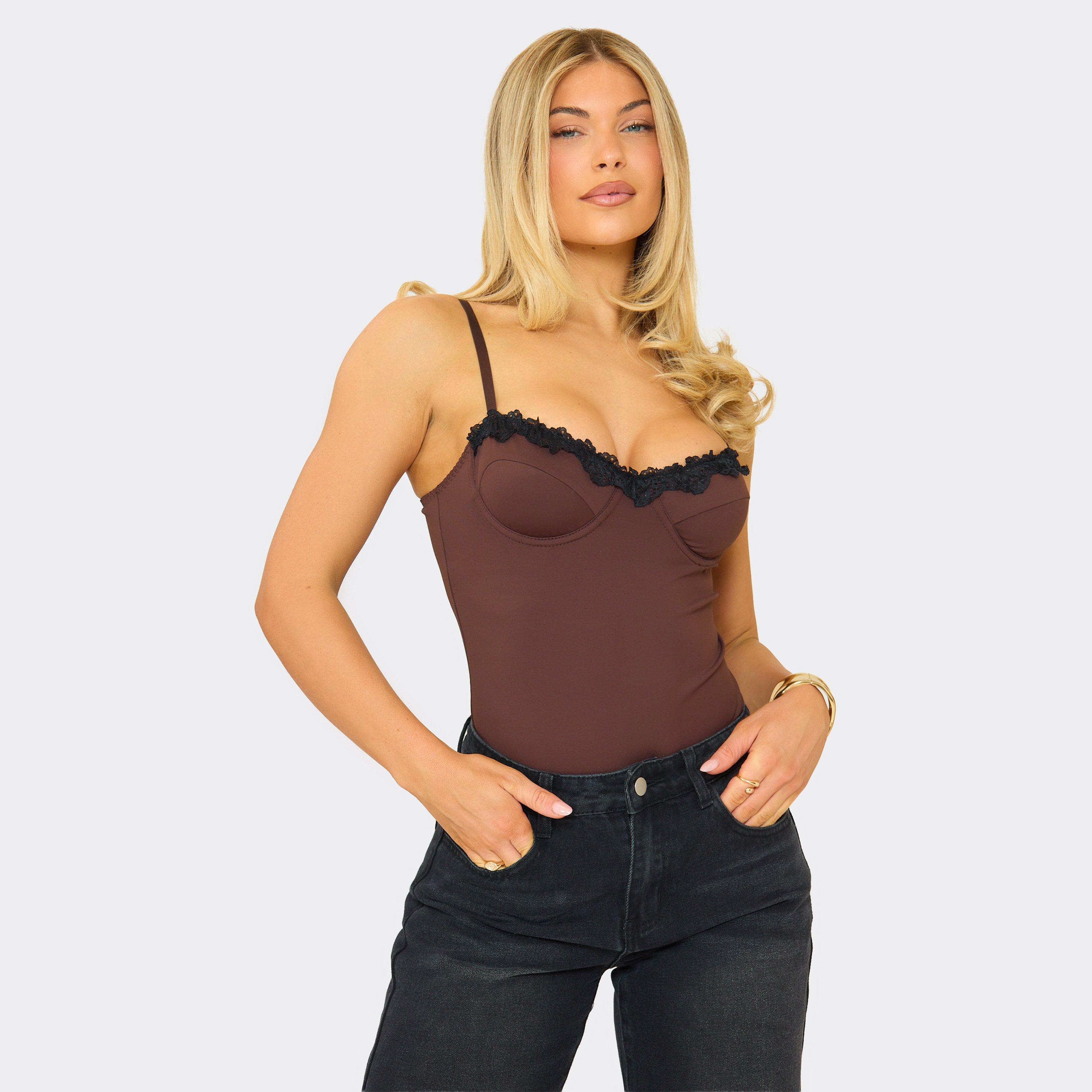 Strappy Lace Trim Detail Corset Bodysuit In Chocolate Brown, Women's Size UK 6