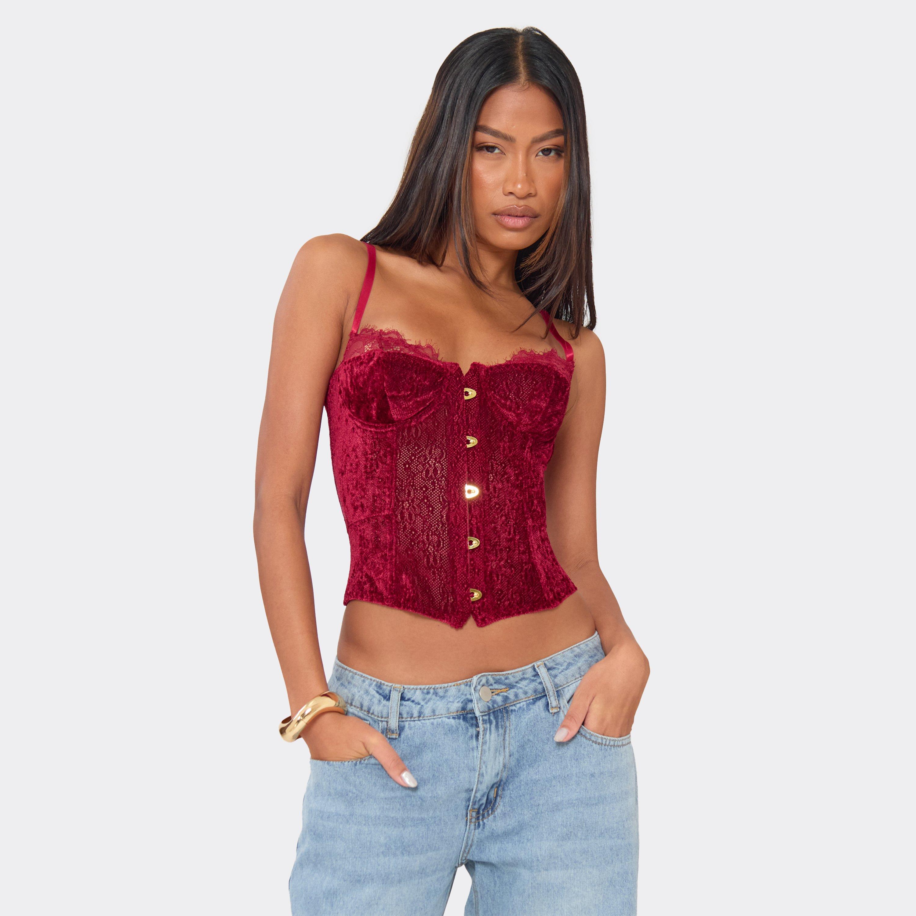 Strappy Hook And Eye Corset Top In Burgundy Velvet Lace, Women's Size UK 8