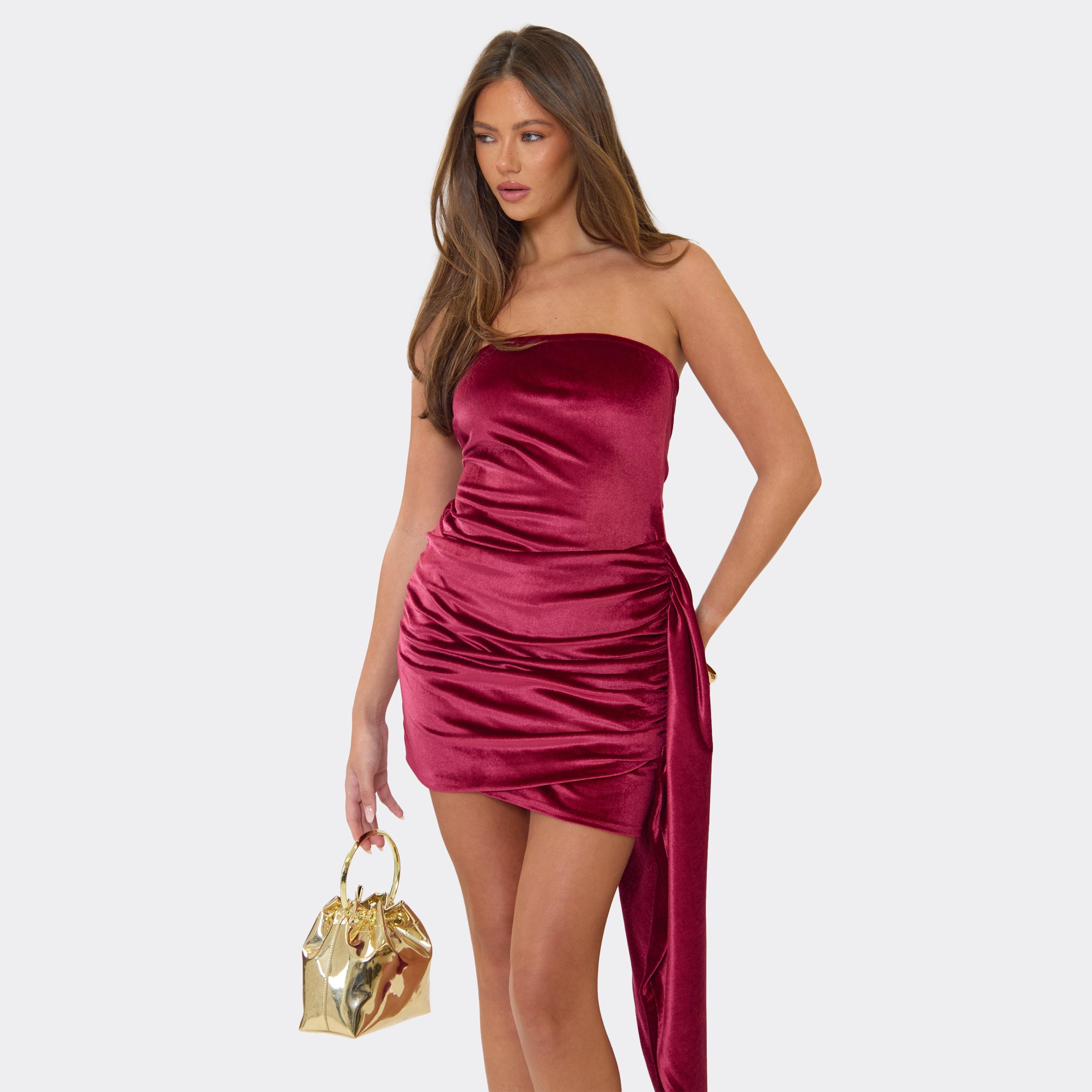 Bandeau Side Drape Mini Dress In Burgundy Velvet, Women’s
