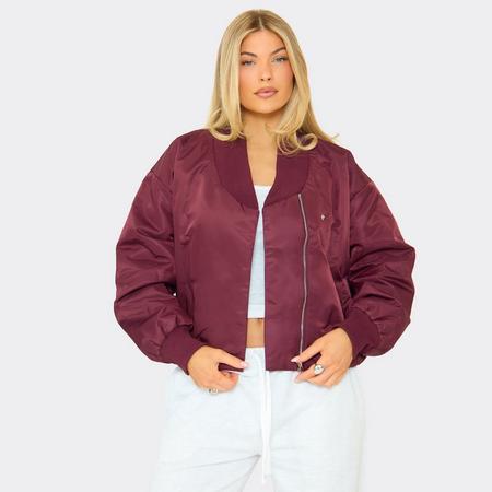 Long Sleeve Wrap Front Padded Bomber Jacket In Burgundy Shell, Women's Size US