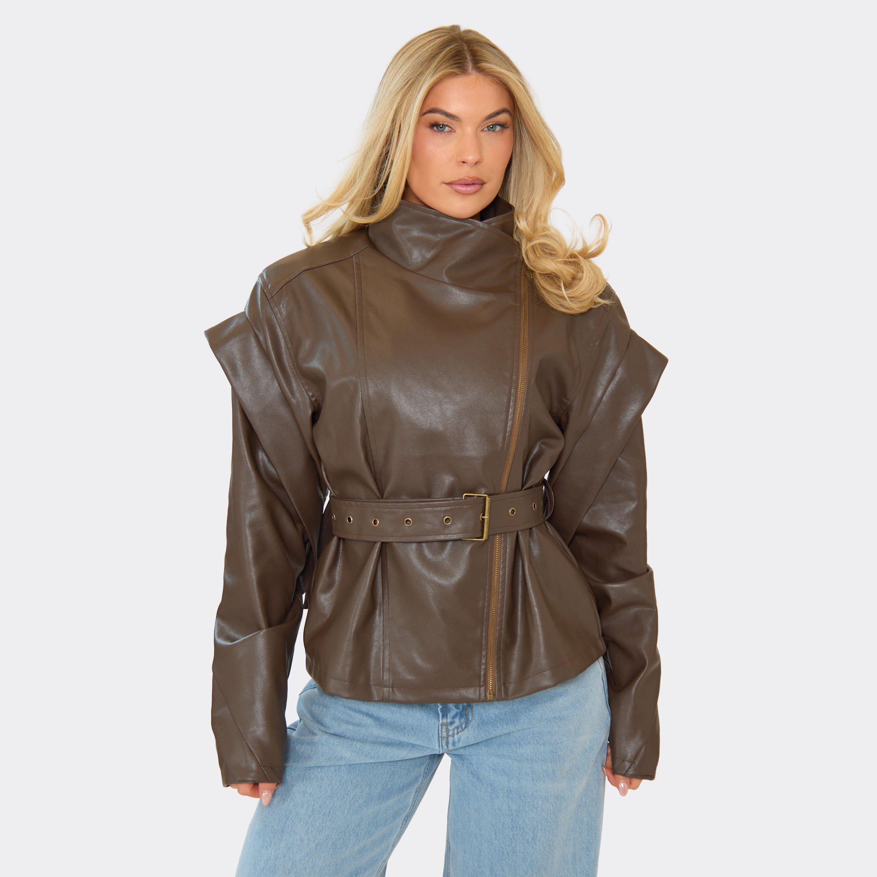 Long Sleeve High Neck Belted Jacket In Chocolate Brown Faux Leather, Women’s
